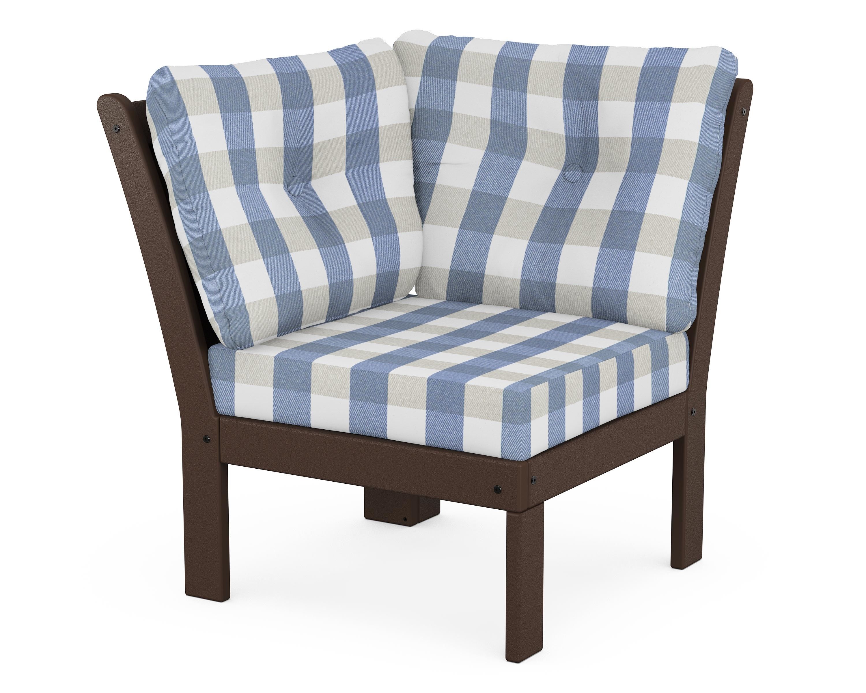 POLYWOOD® Vineyard Modular Corner Chair in Mahogany / Buffalo Plaid Sky Blue