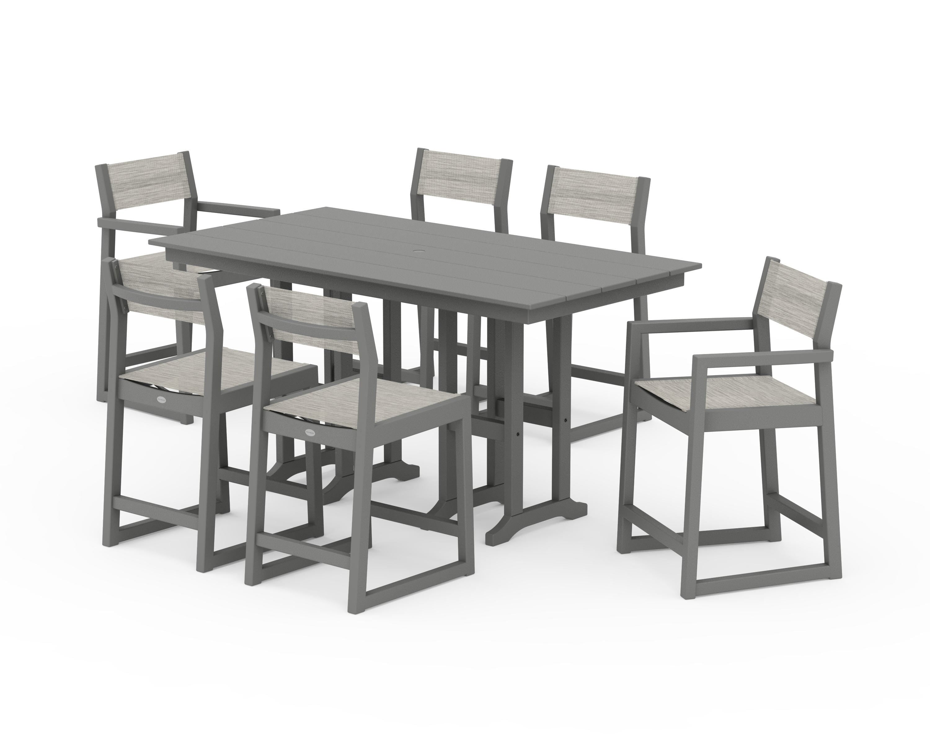 POLYWOOD® EDGE Sling 7-Piece Farmhouse Counter Set with Trestle Legs in Slate Grey / Birch Sling