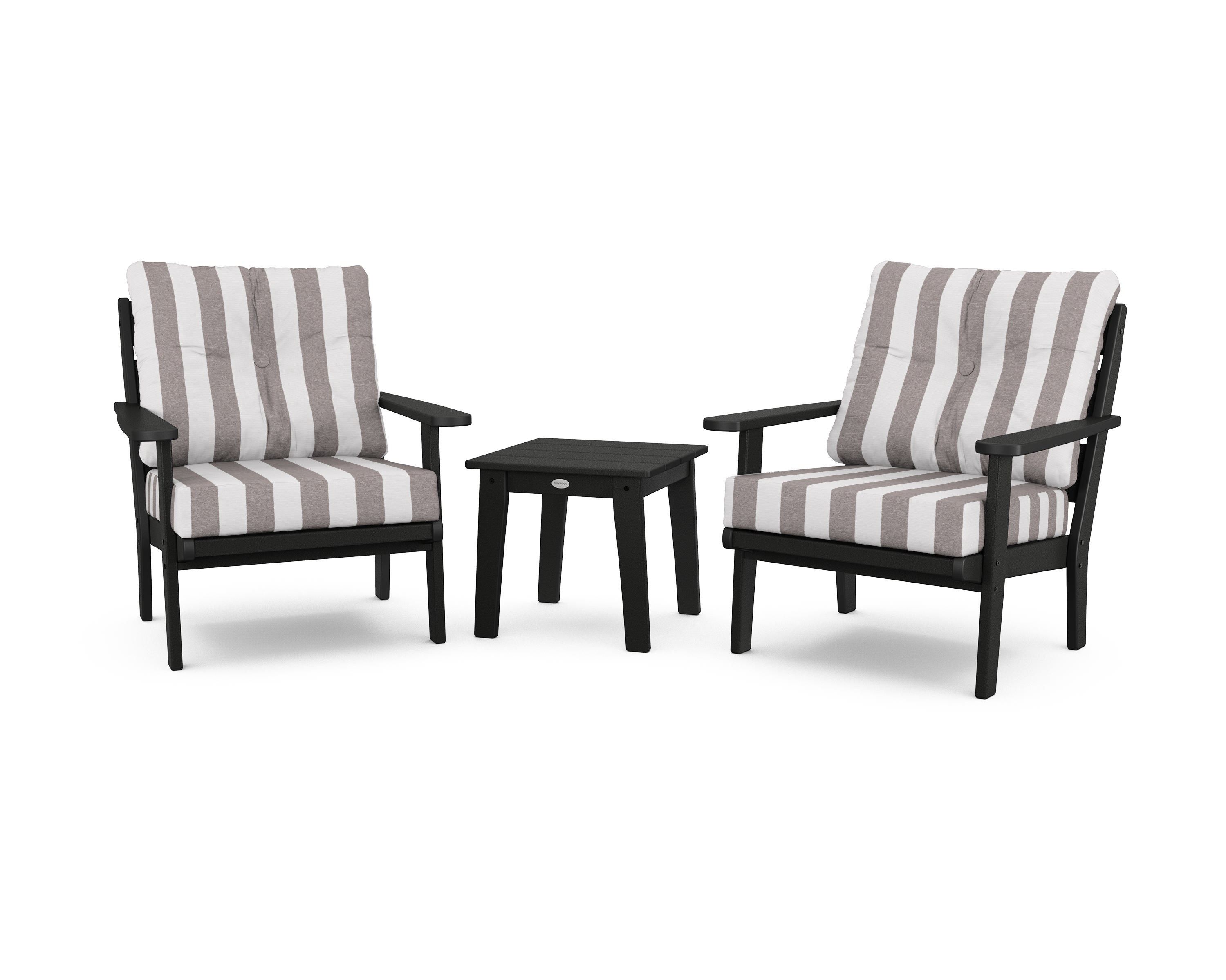 POLYWOOD® Lakeside 3-Piece Deep Seating Chair Set in Black / Cabana Stripe Grey Mist