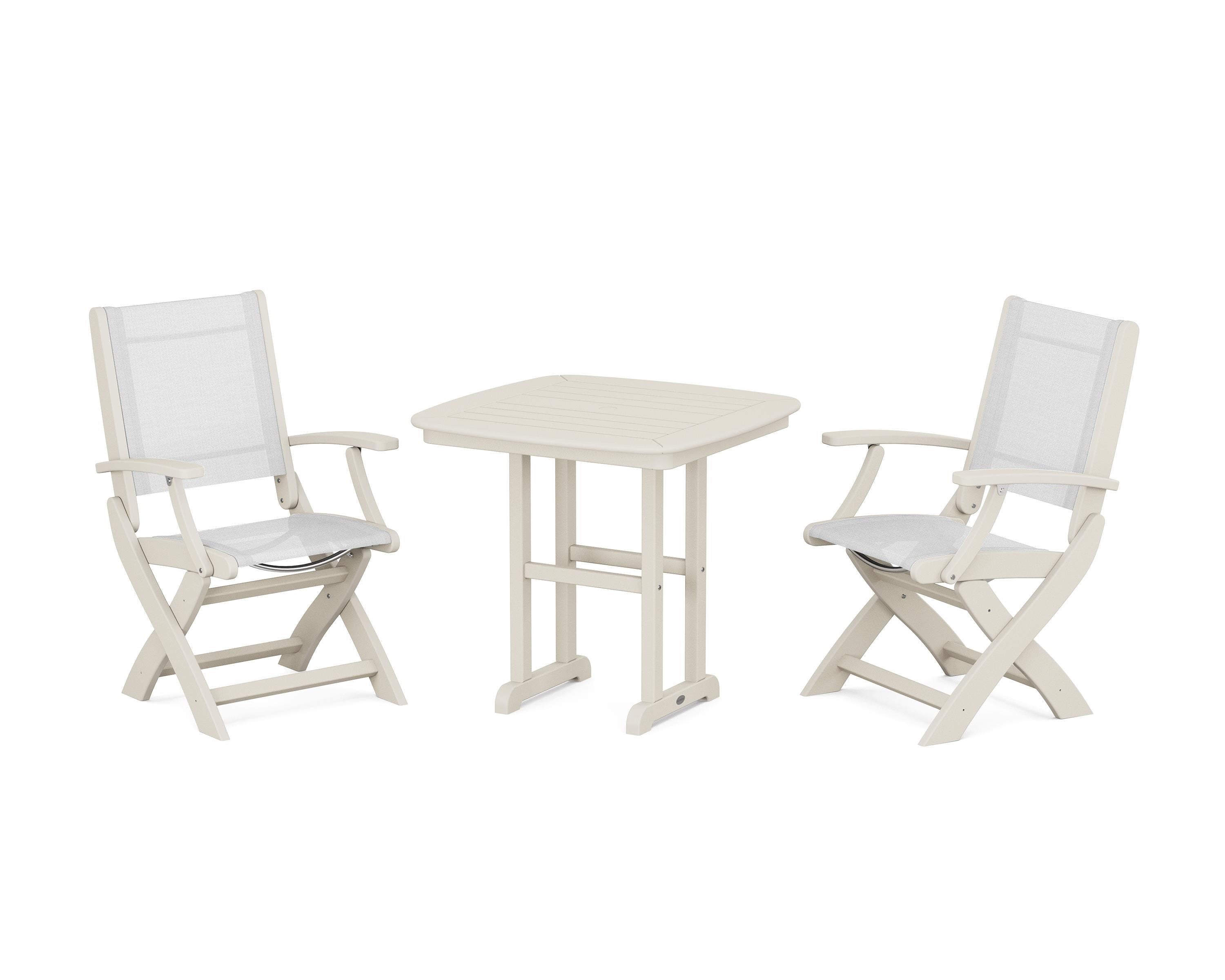 POLYWOOD® Coastal Folding Chair 3-Piece Dining Set in Sand / White Sling