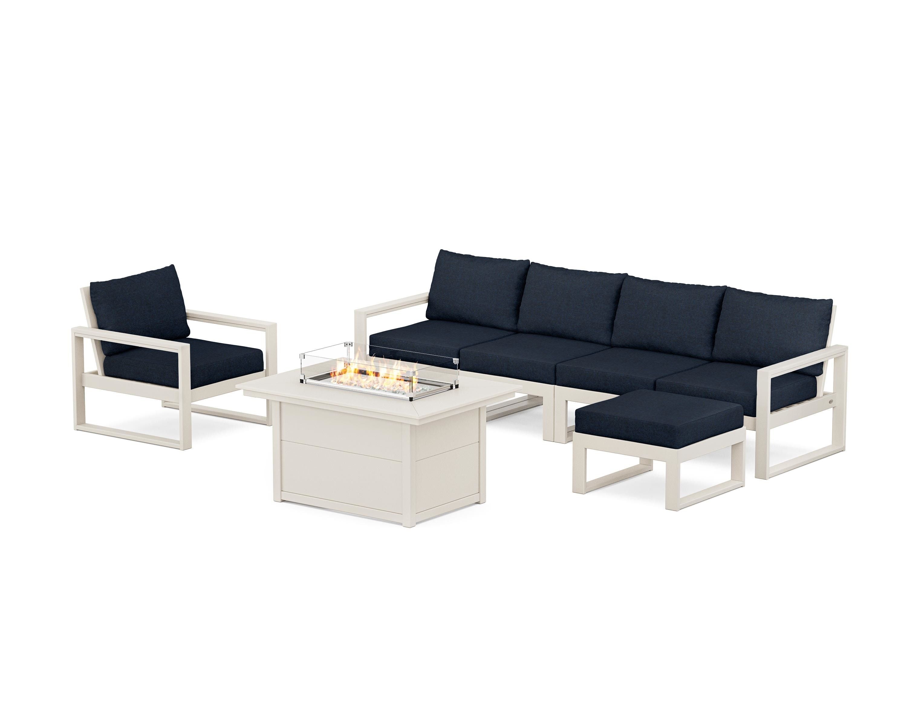 POLYWOOD® EDGE Sectional Lounge and Fire Pit Set in Sand / Marine Indigo