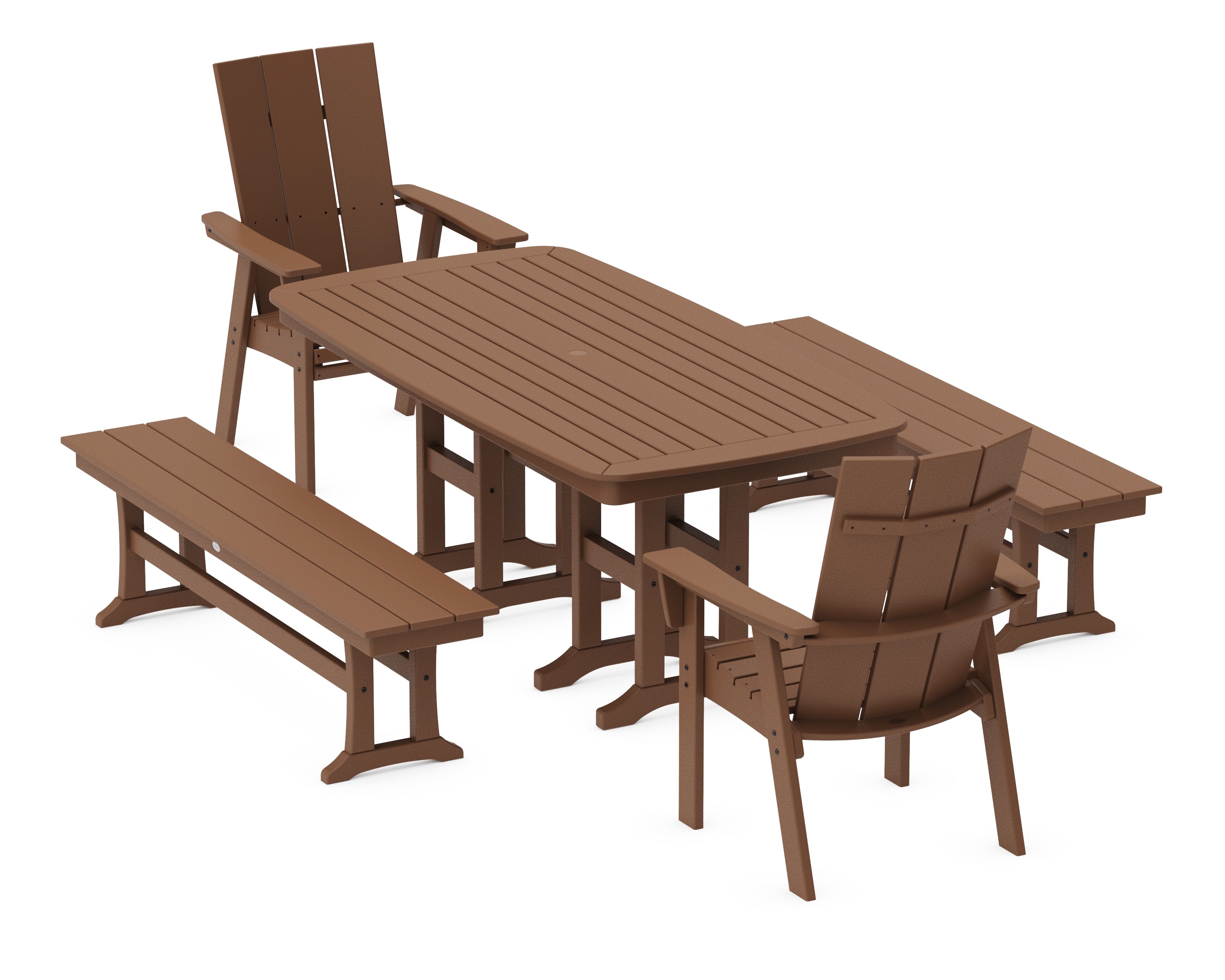 POLYWOOD® Modern Curveback Adirondack 5-Piece Dining Set with Benches in Teak
