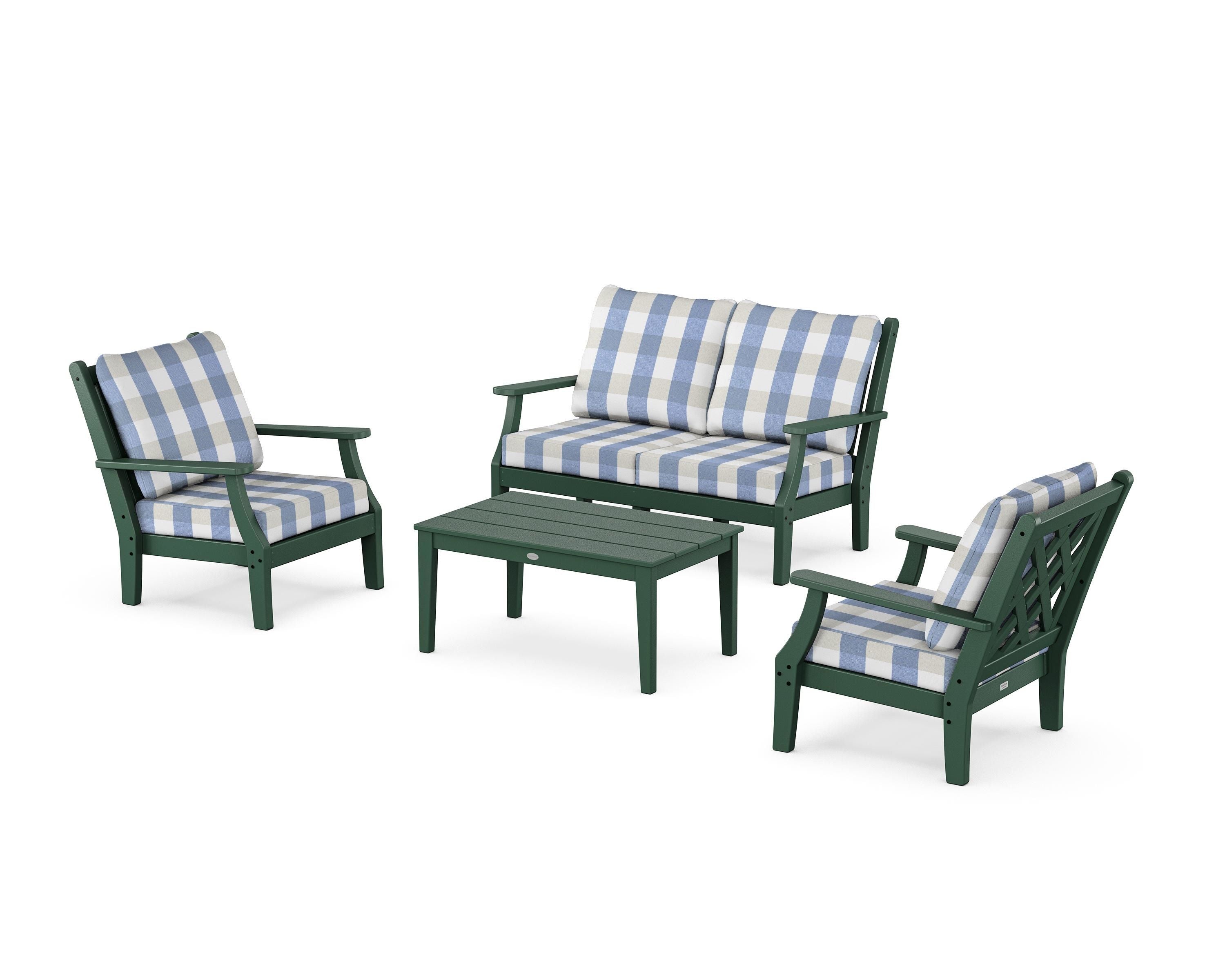 Country Living Wovendale 4-Piece Deep Seating Set with Loveseat in Green / Buffalo Plaid Sky Blue