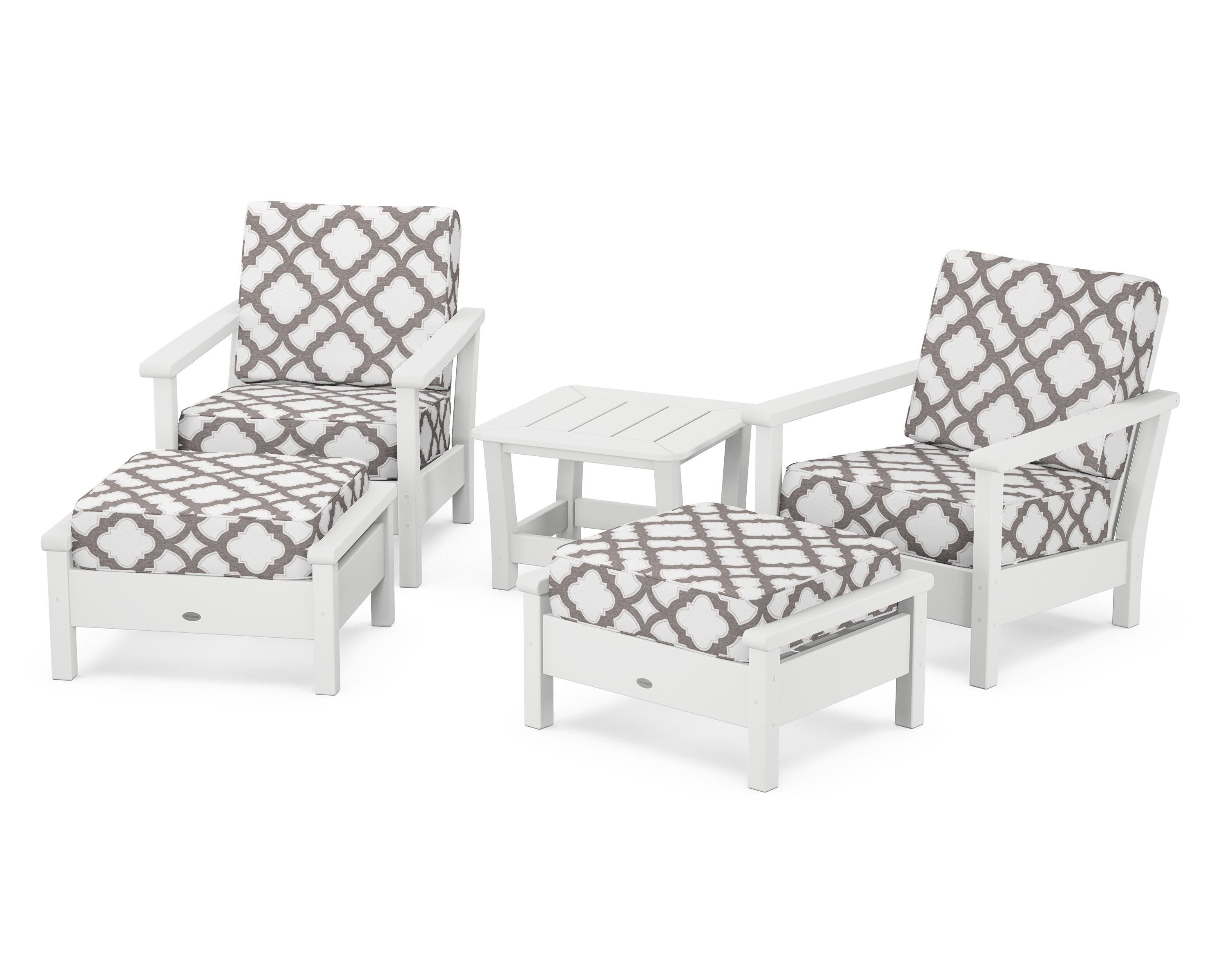 POLYWOOD® Harbour 5-Piece Deep Seating Chair Set in White / Trellis Grey Mist