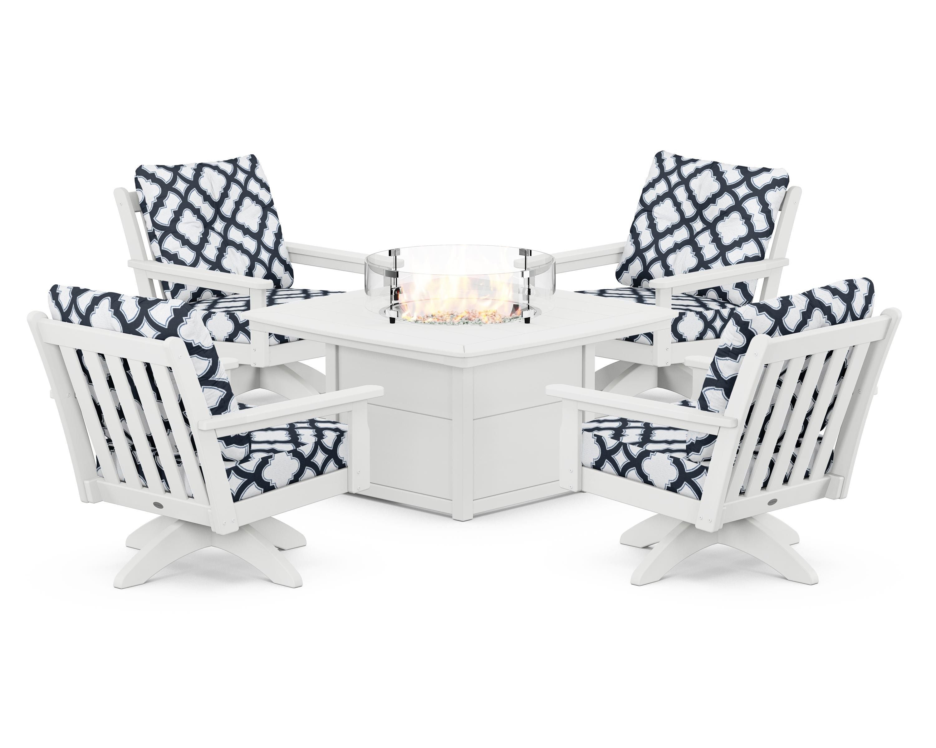 POLYWOOD® Vineyard 5-Piece Deep Seating Swivel Conversation Set with Fire Pit Table in White / Trellis Marine Indigo