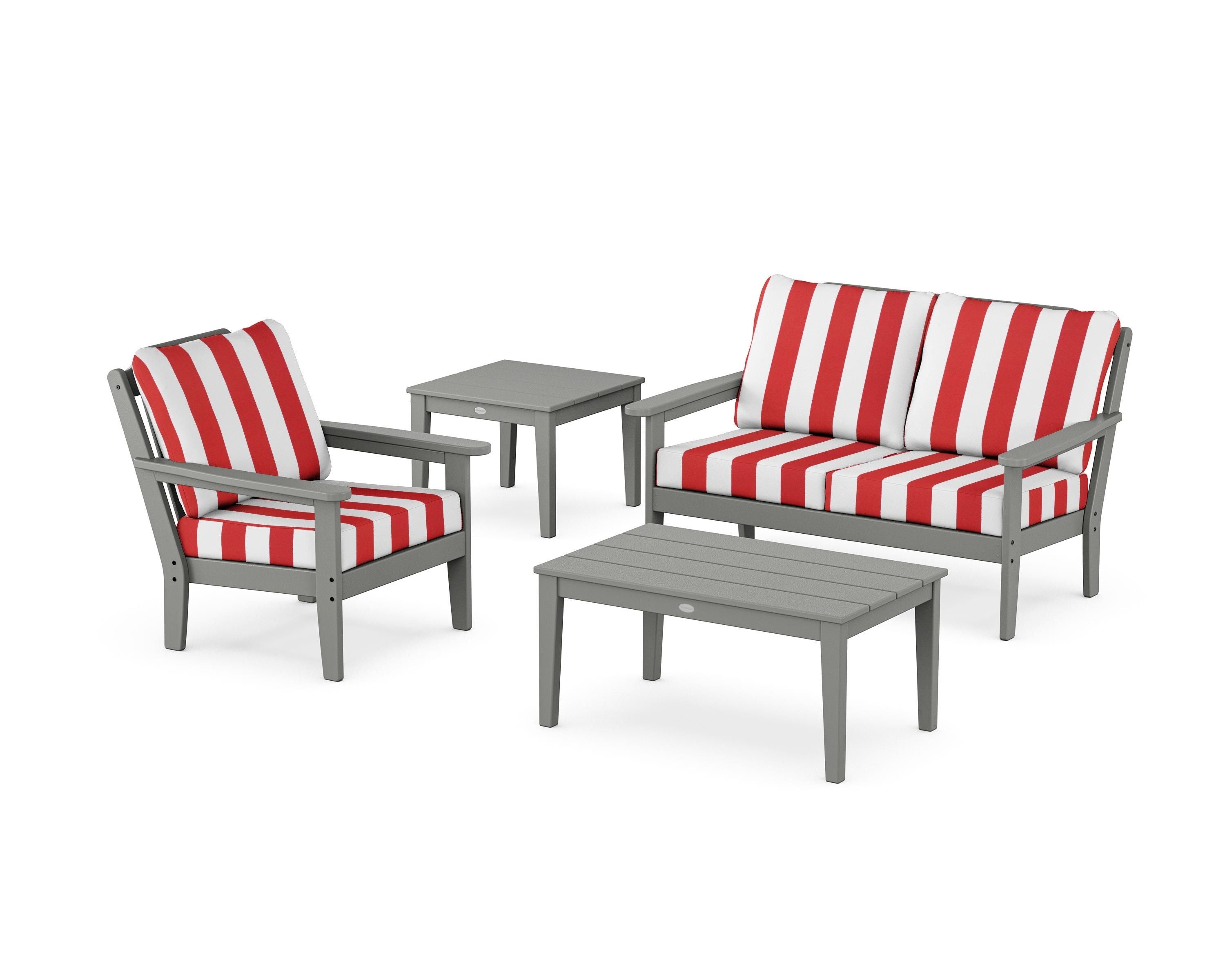 Country Living Wovendale 4-Piece Deep Seating Set in Slate Grey / Cabana Stripe Crimson