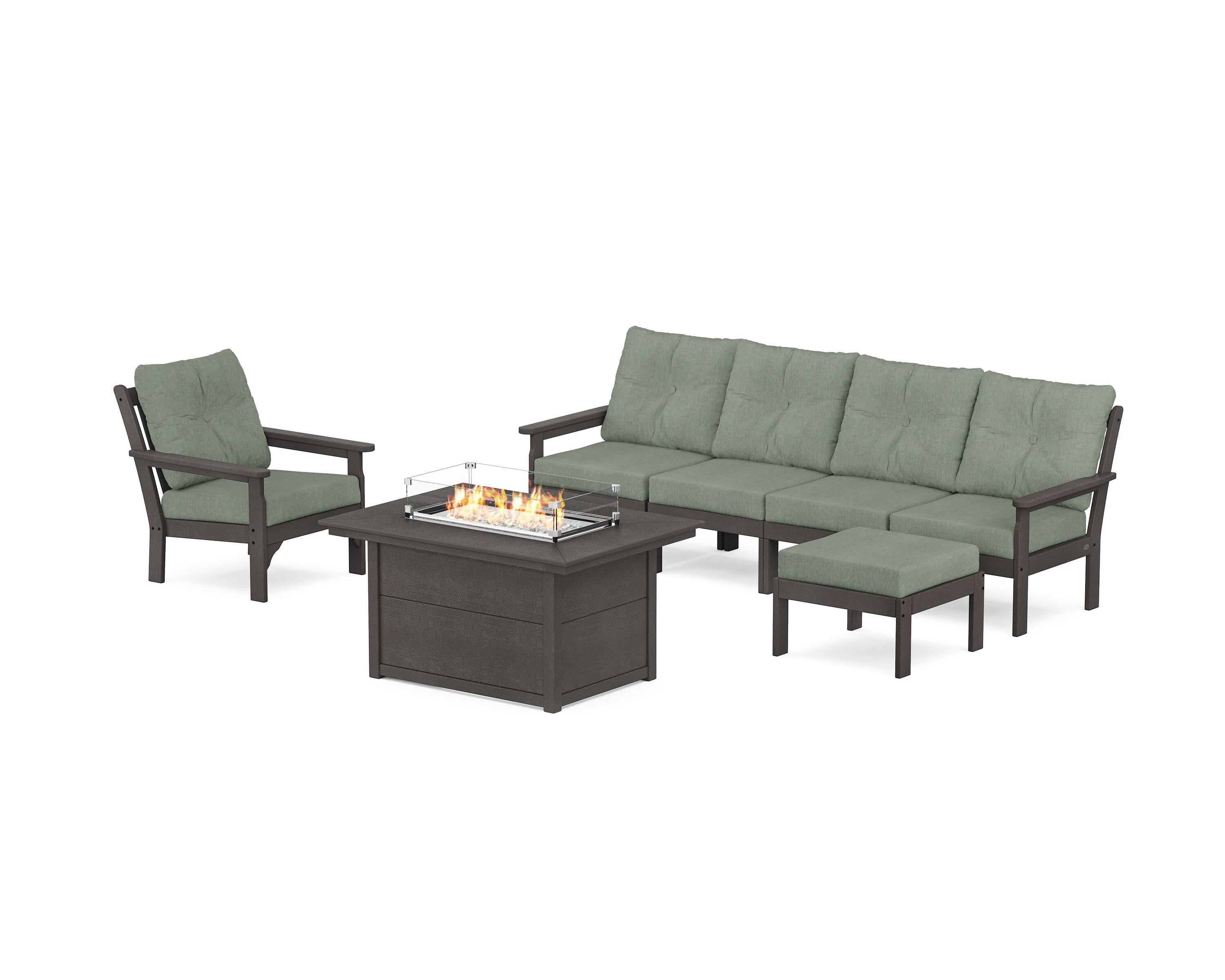POLYWOOD® Vineyard Sectional Lounge and Fire Pit Set in Vintage Coffee / Cast Sage