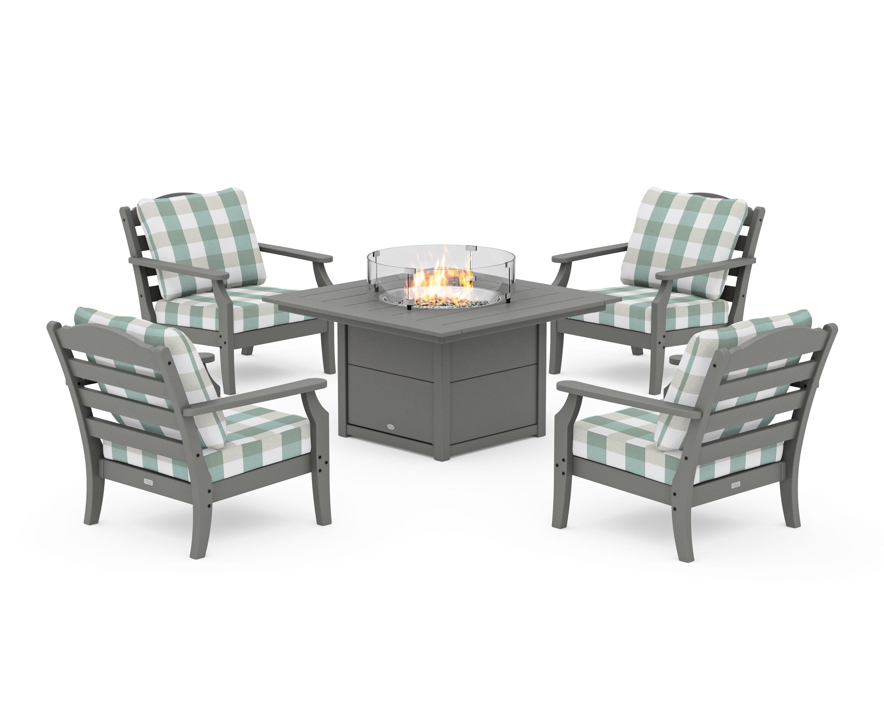 Draper James™ by POLYWOOD® Savannah 5-Piece Deep Seating Set with Fire Pit Table in Slate Grey / Buffalo Plaid Glacier Spa