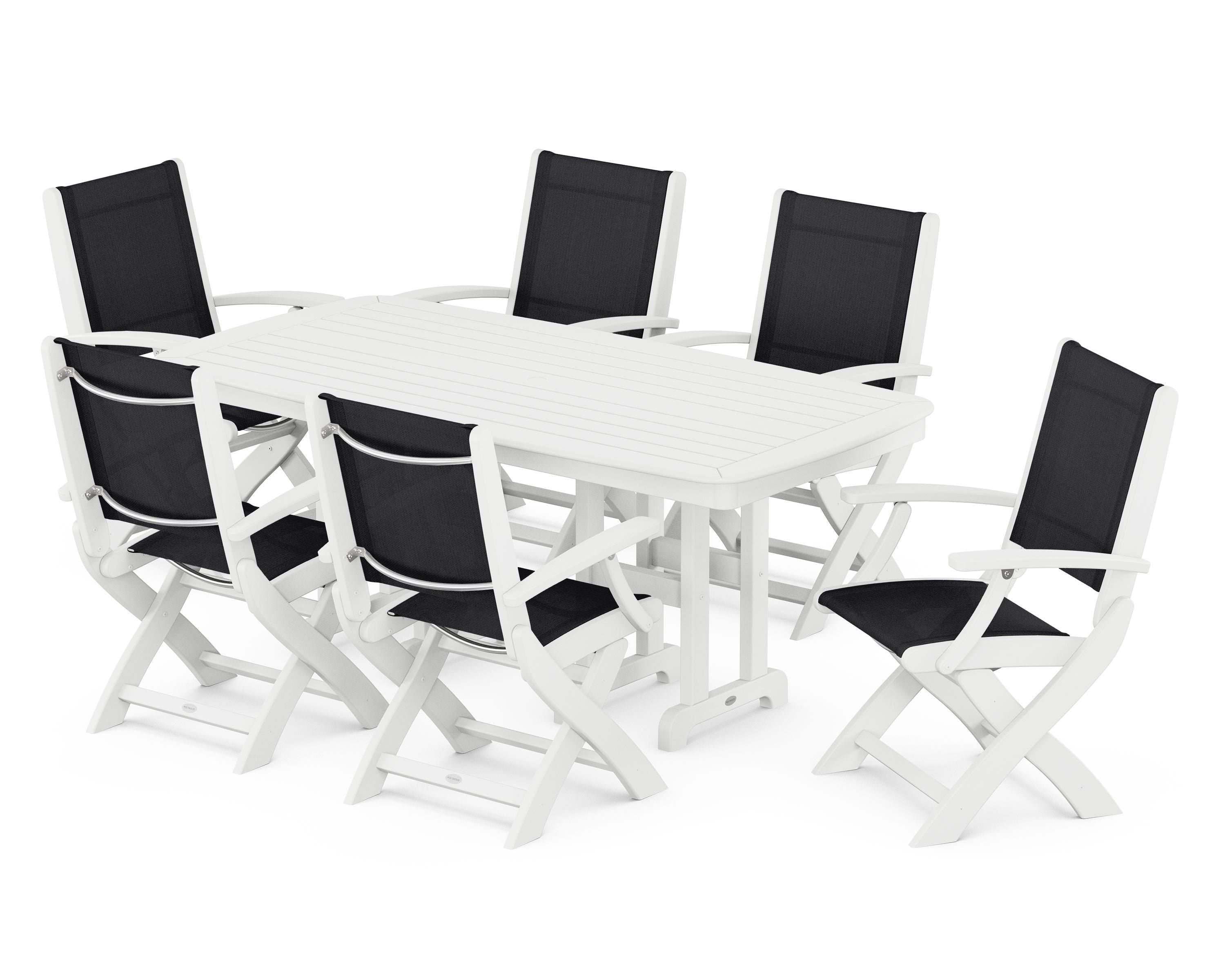 POLYWOOD® Coastal Folding Arm Chair 7-Piece Dining Set in White / Black Sling