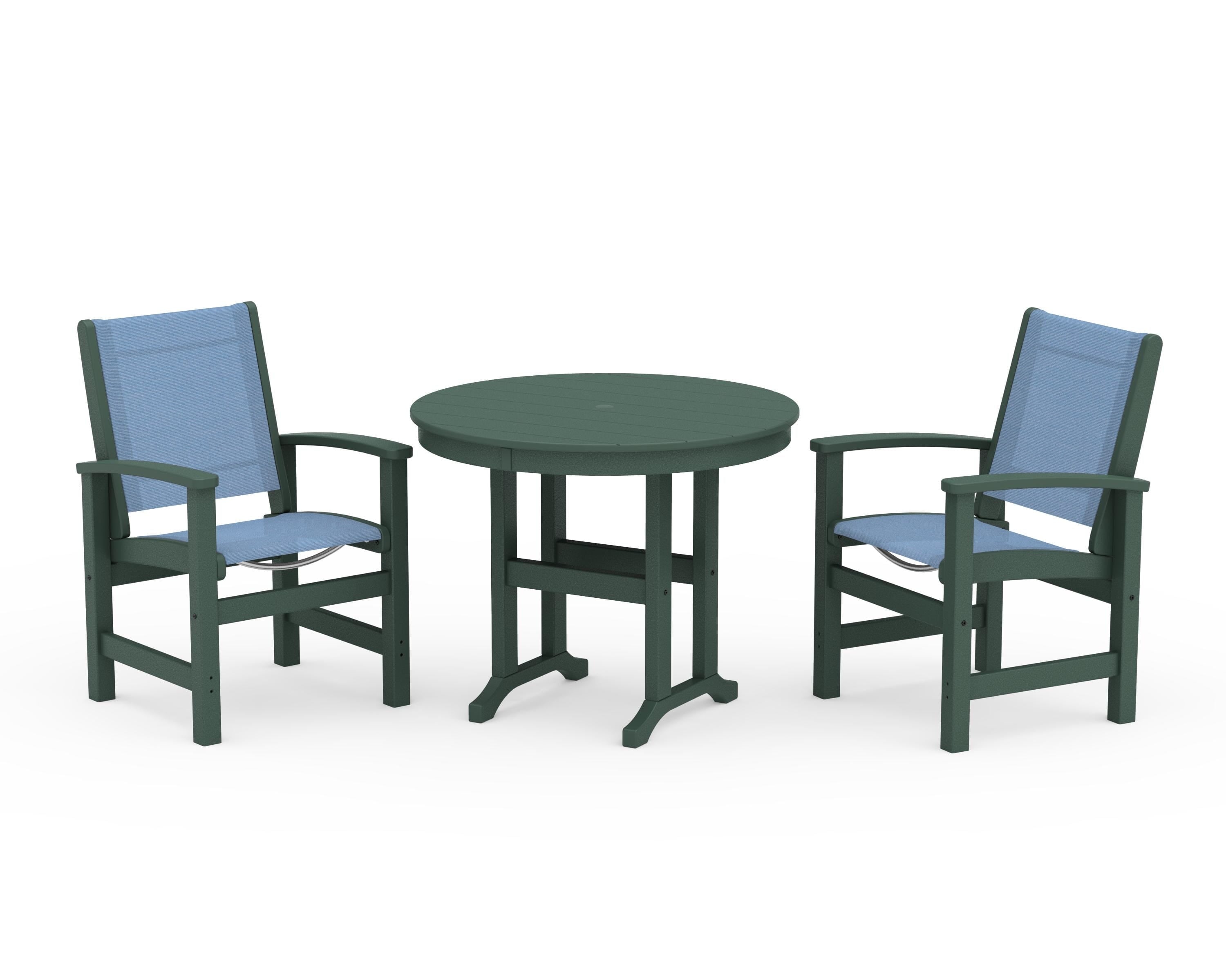 POLYWOOD® Coastal 3-Piece Round Dining Set in Green / Poolside Sling