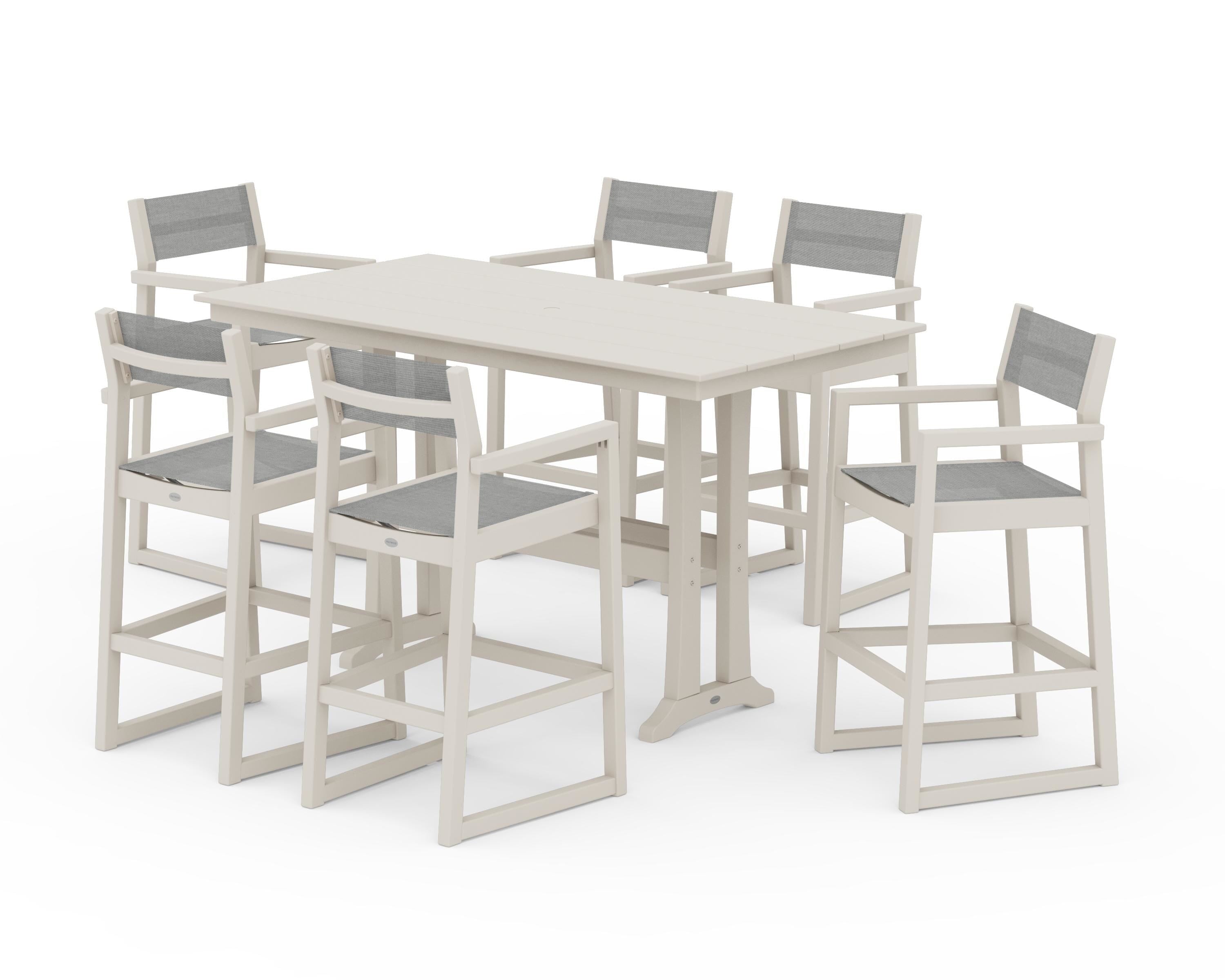 POLYWOOD® EDGE Sling Arm Chair 7-Piece Farmhouse Bar Set with Trestle Legs in Sand / Metallic Sling