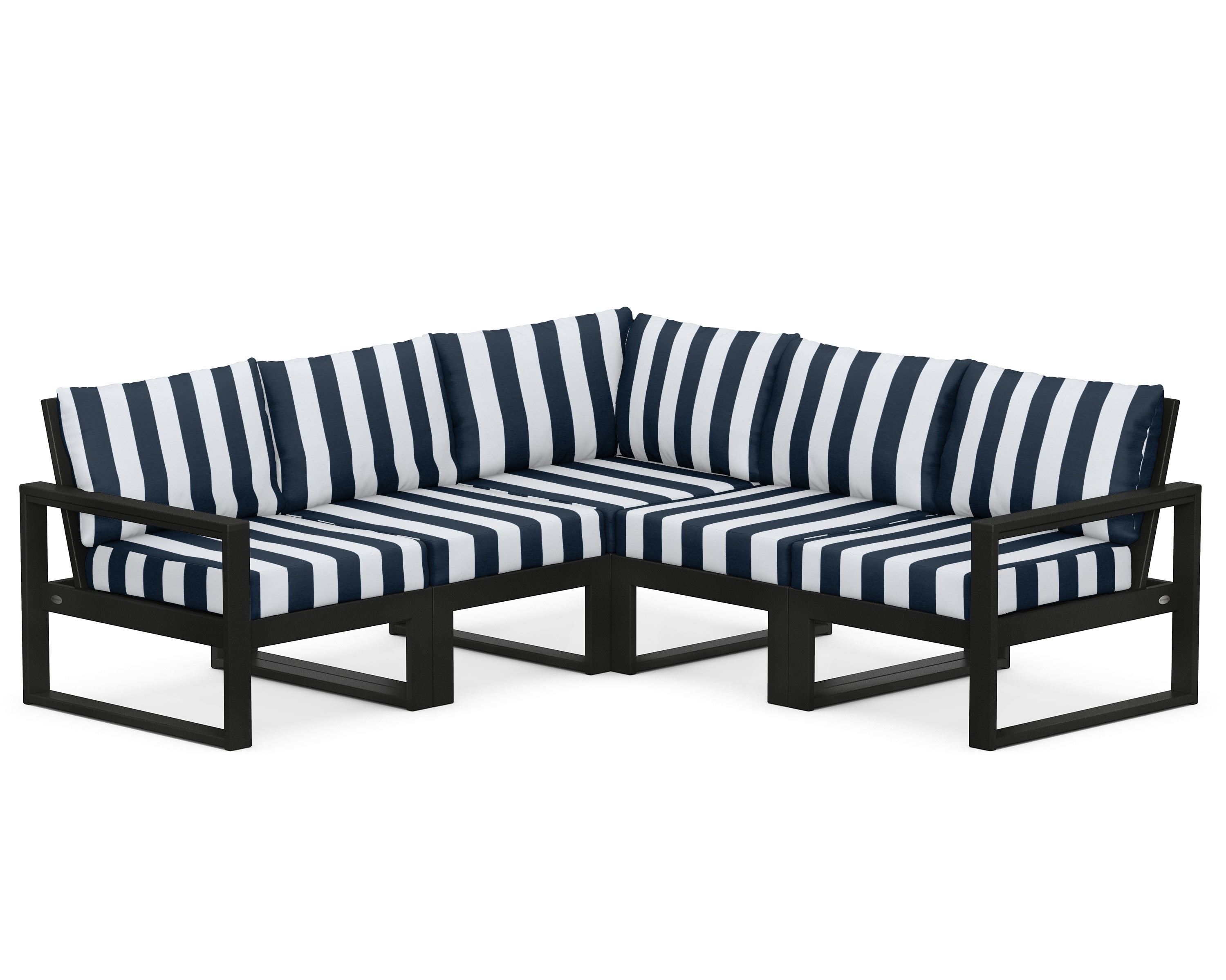 POLYWOOD® EDGE 5-Piece Modular Deep Seating Set in Black / Cabana Stripe Marine Indigo