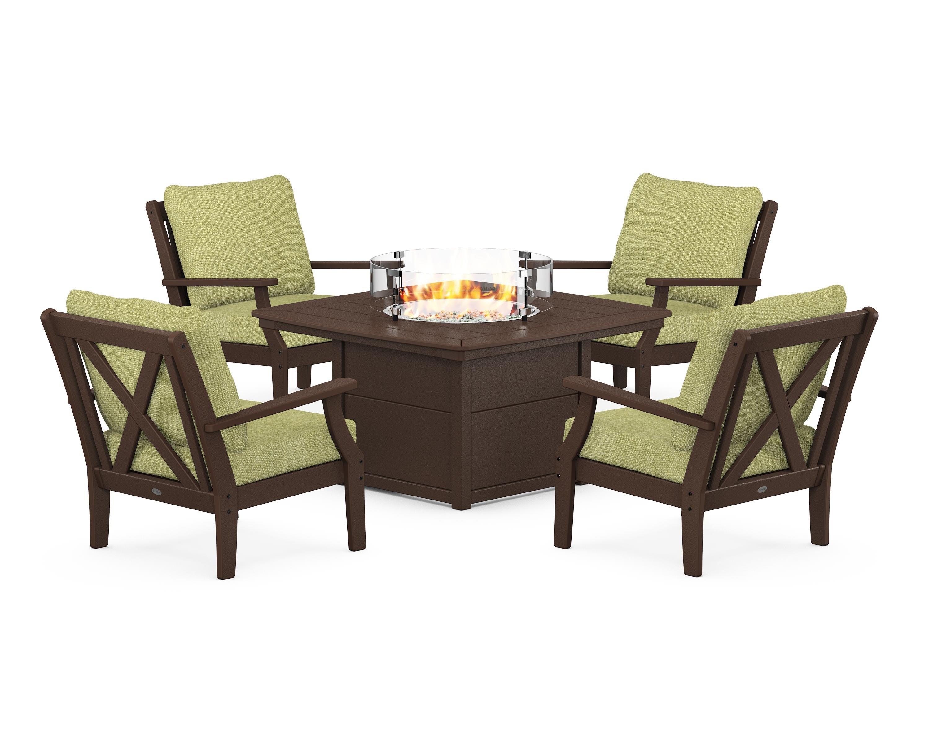 POLYWOOD® Braxton 5-Piece Deep Seating Conversation Set with Fire Pit Table in Mahogany / Chartreuse Boucle