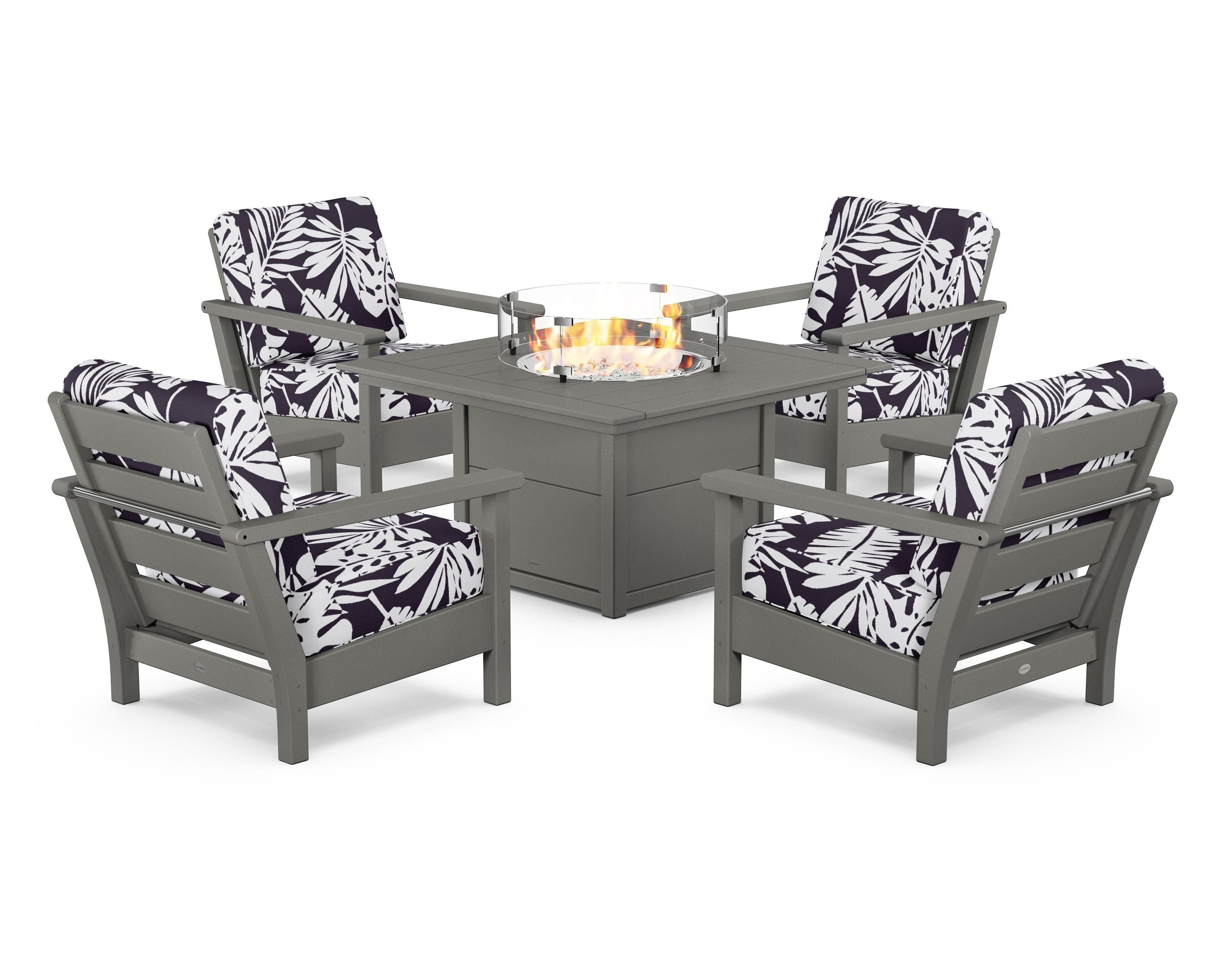 POLYWOOD® Harbour 5-Piece Conversation Set with Fire Pit Table in Slate Grey / Leaf Navy