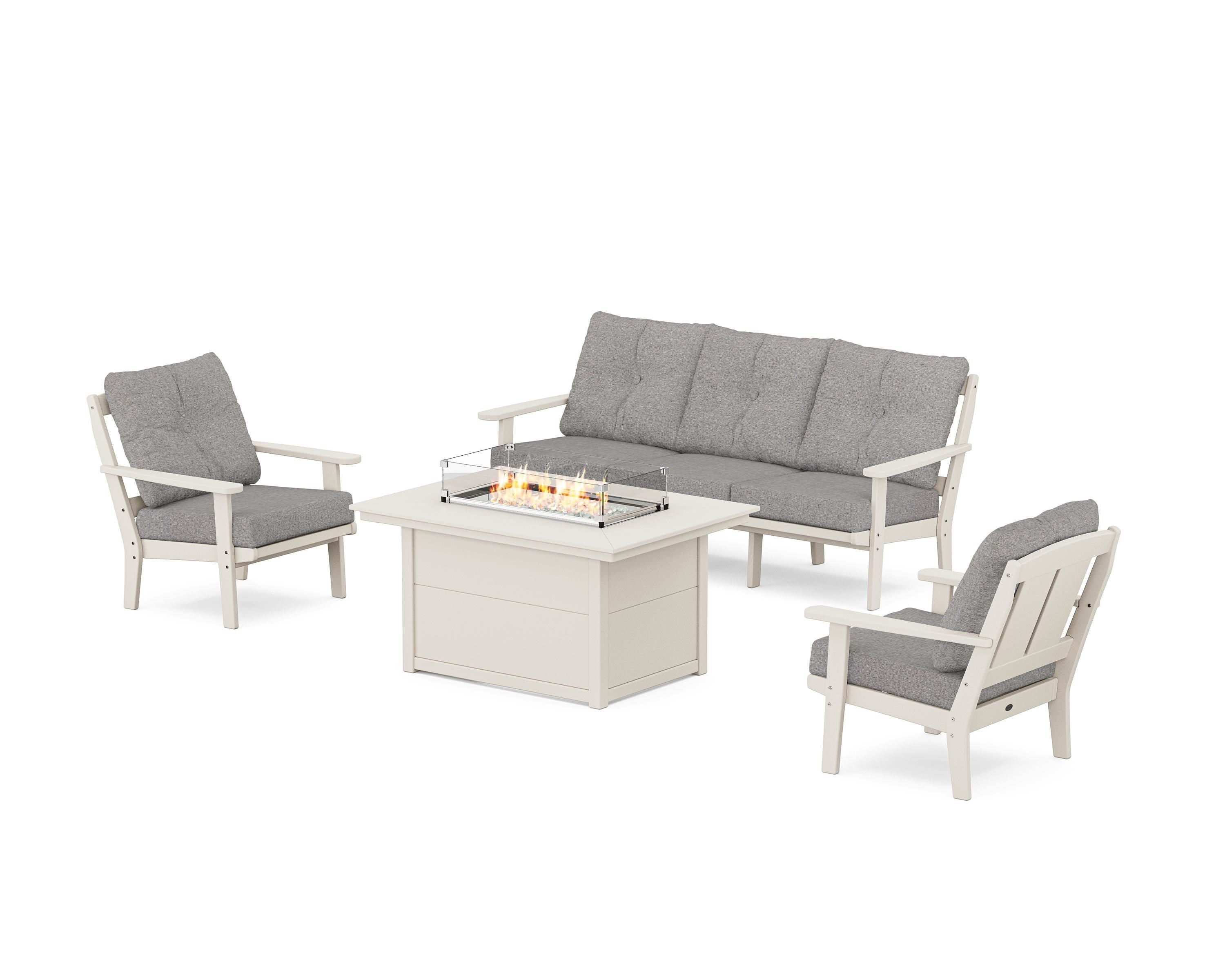 POLYWOOD® Mission Deep Seating Fire Pit Table Set in Sand / Grey Mist