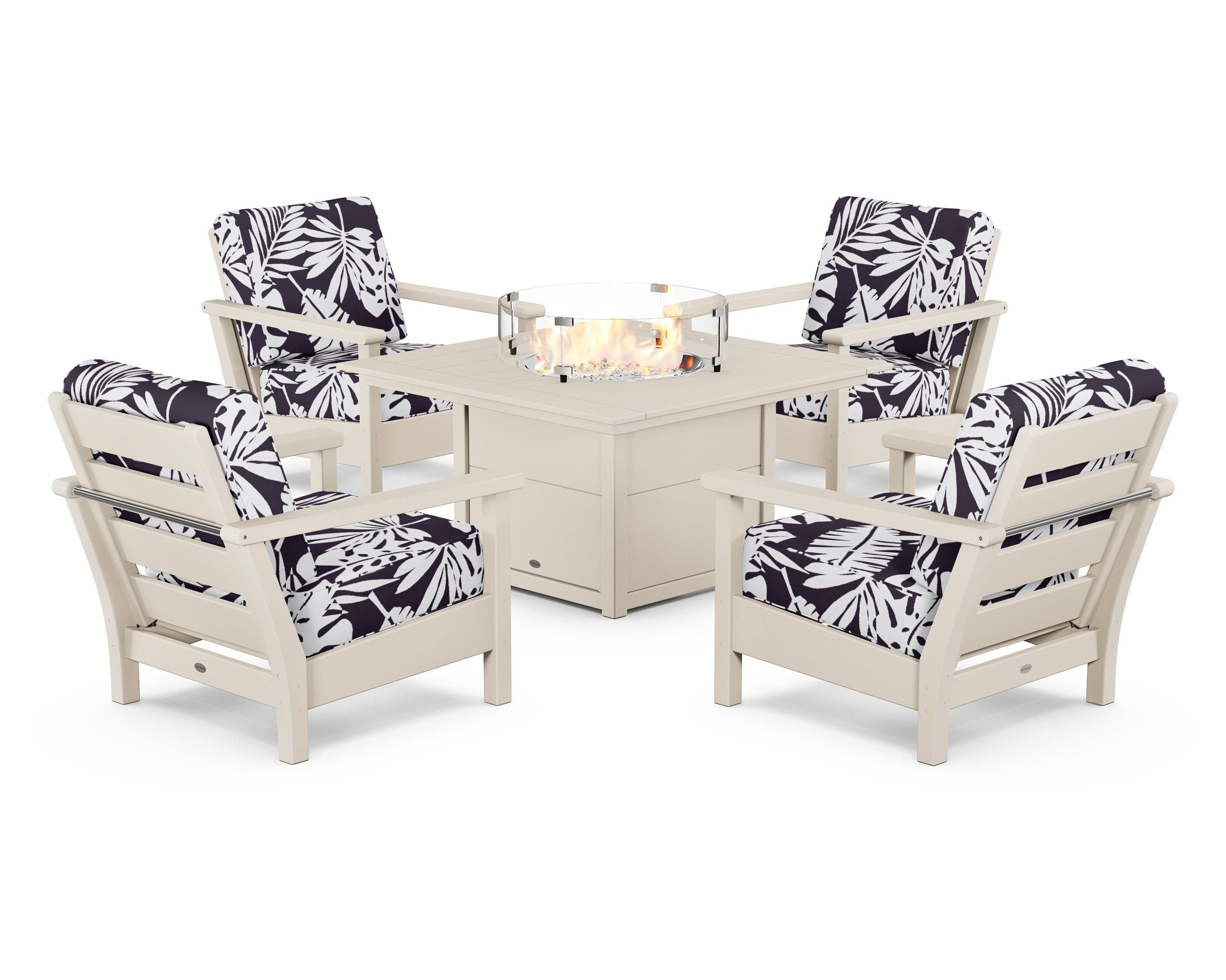 POLYWOOD® Harbour 5-Piece Conversation Set with Fire Pit Table in Sand / Leaf Navy
