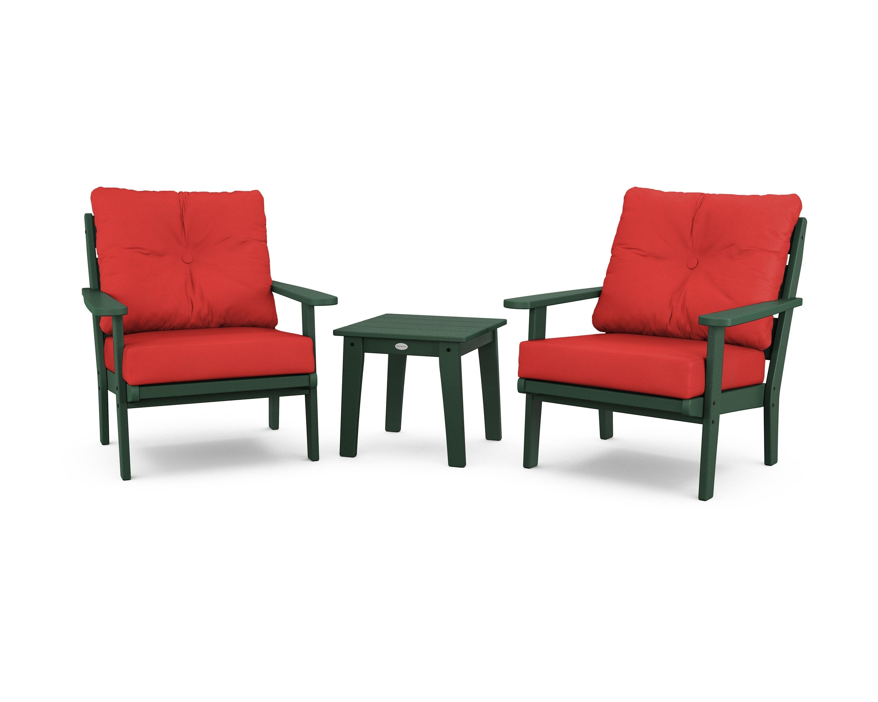 POLYWOOD® Lakeside 3-Piece Deep Seating Chair Set in Green / Crimson Linen