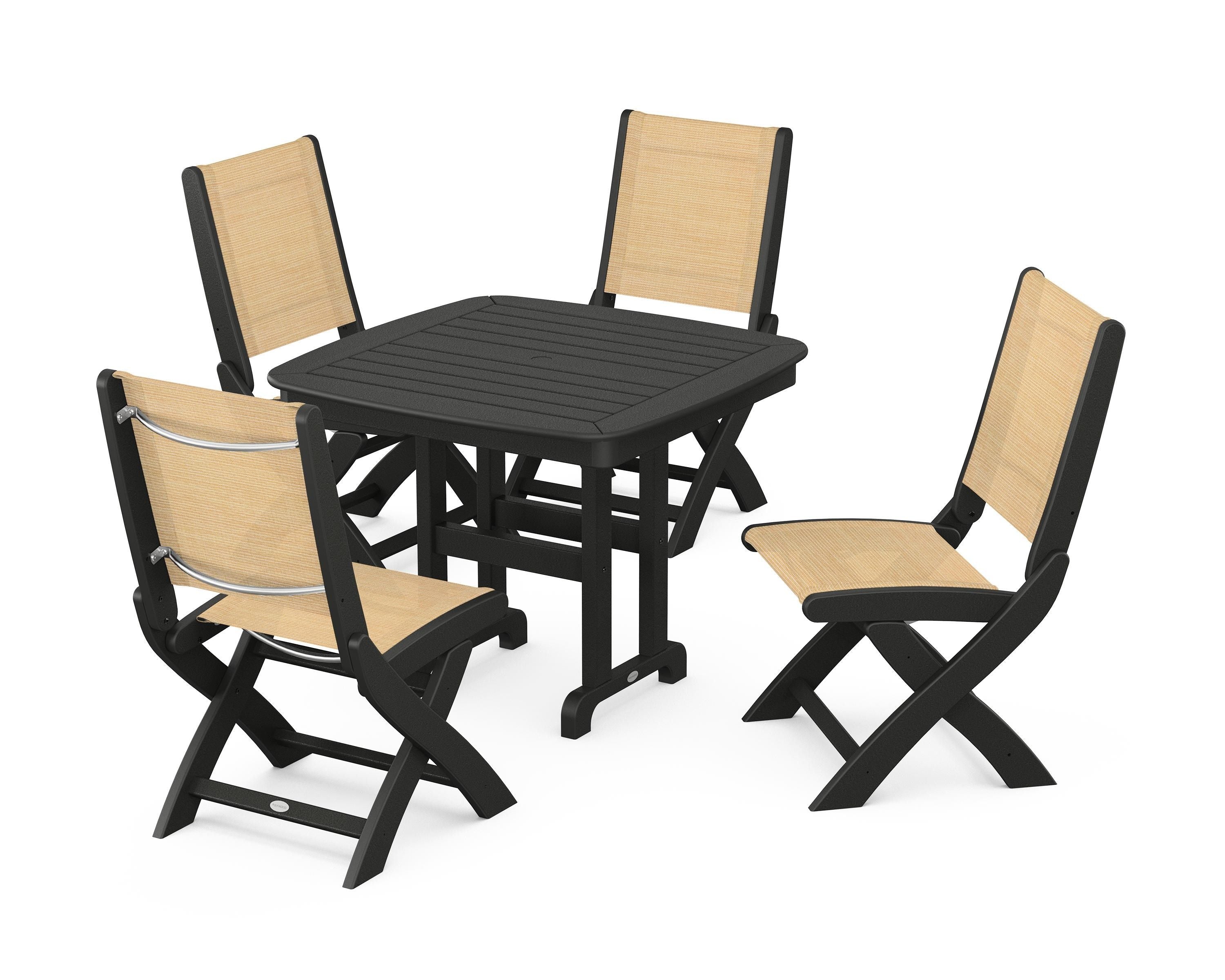 POLYWOOD® Coastal Folding Side Chair 5-Piece Dining Set in Black / Dupioni Apricot Sling