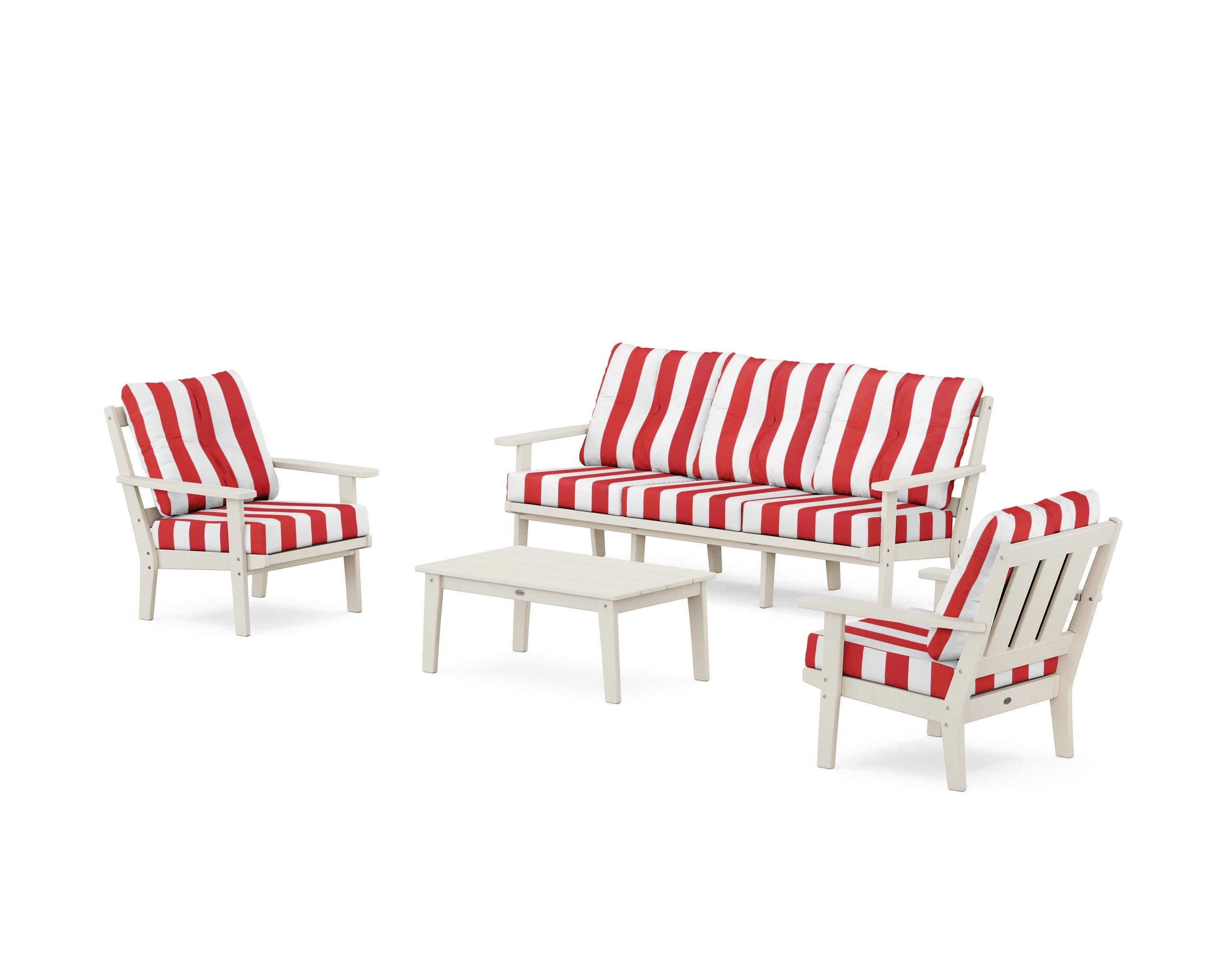 POLYWOOD® Oxford 4-Piece Deep Seating Set with Sofa in Sand / Cabana Stripe Crimson