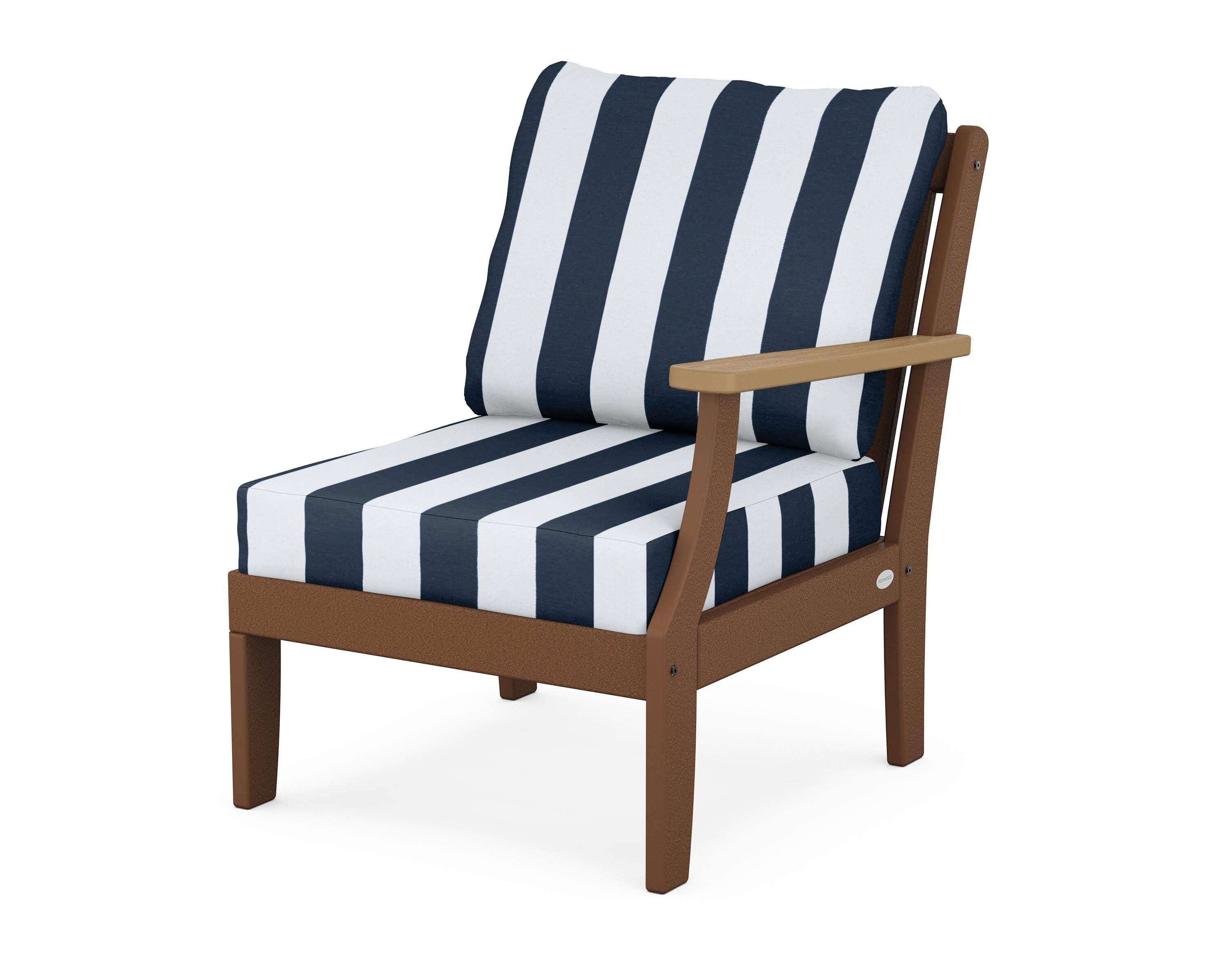 POLYWOOD® Braxton Modular Right Arm Chair in Teak / Natural / Cabana Stripe Marine Indigo