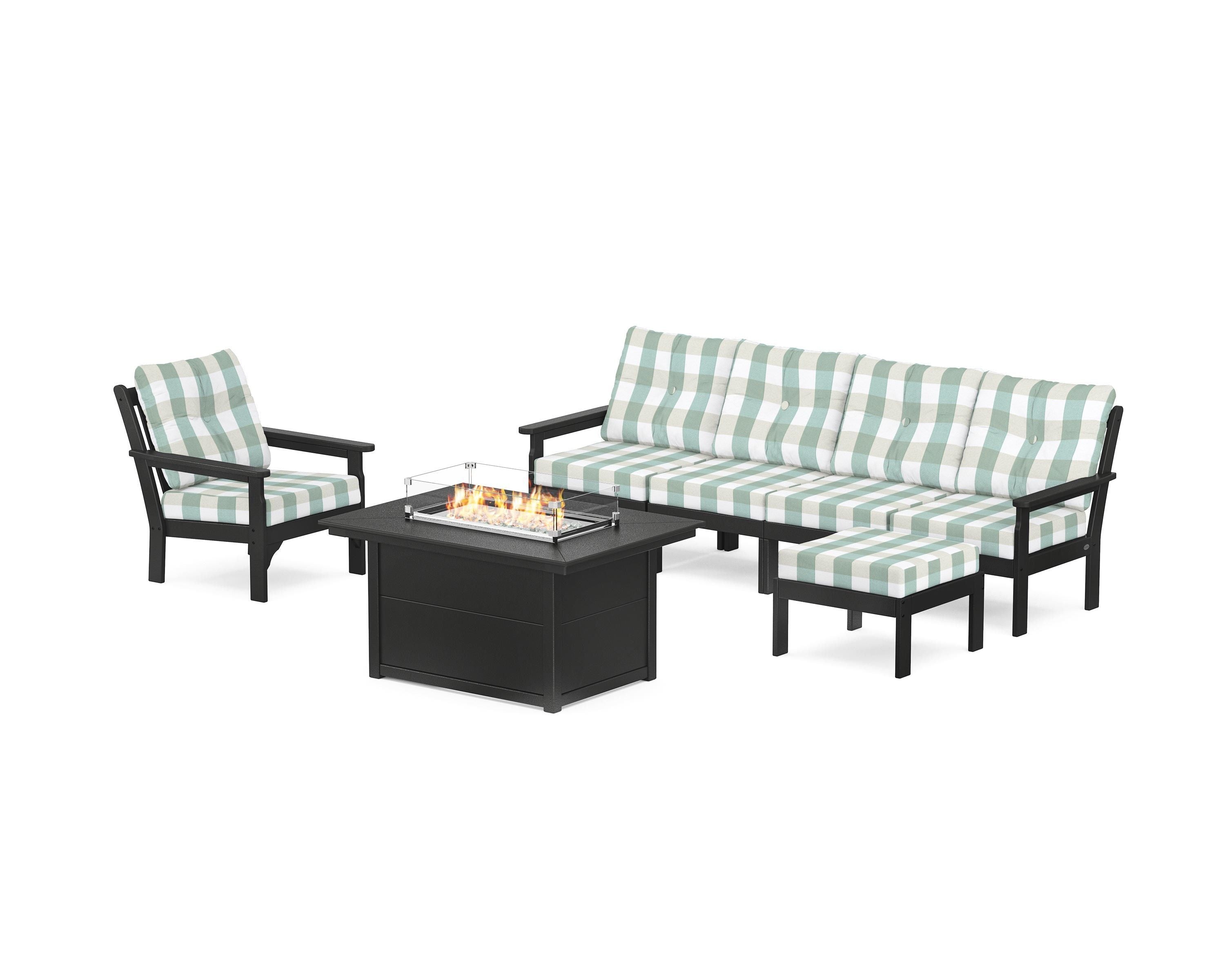 POLYWOOD® Vineyard Sectional Lounge and Fire Pit Set in Black / Buffalo Plaid Glacier Spa