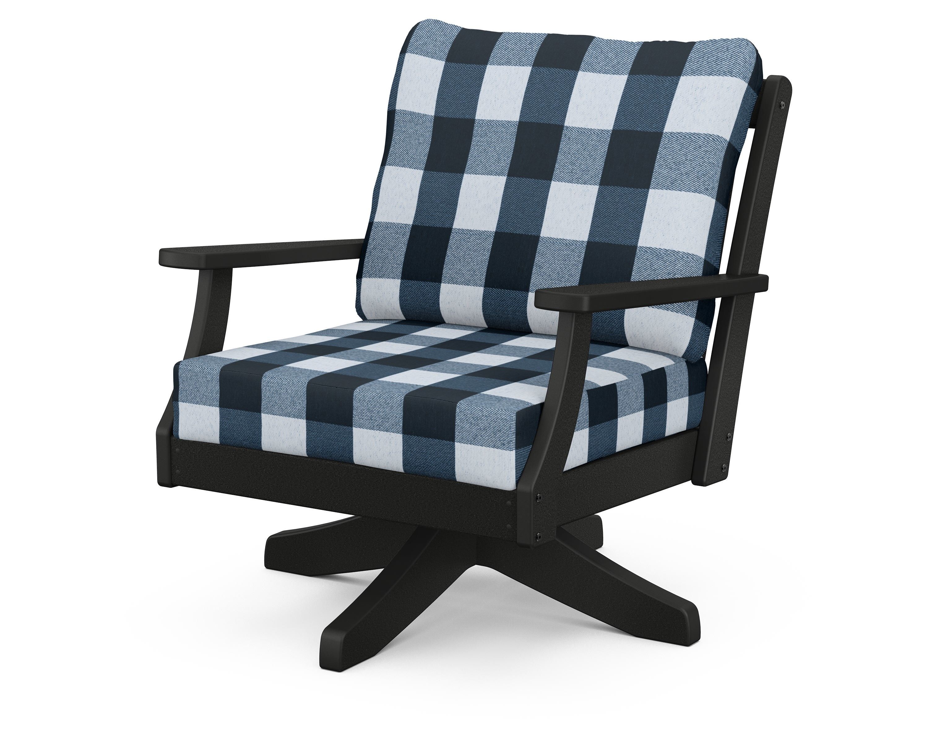 POLYWOOD® Braxton Deep Seating Swivel Chair in Black / Buffalo Plaid Marine Indigo
