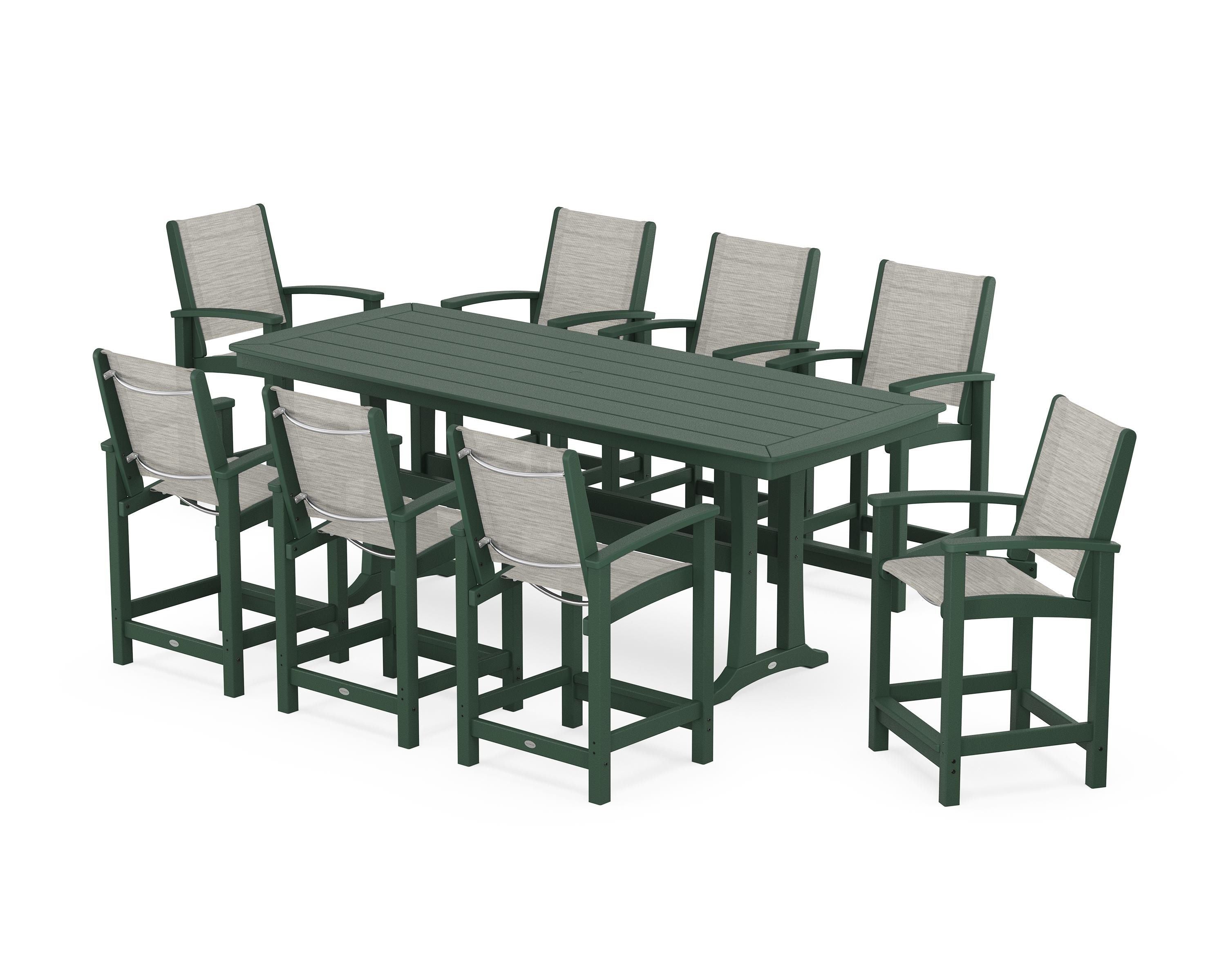 POLYWOOD® Coastal 9-Piece Counter Set with Trestle Legs in Green / Birch Sling