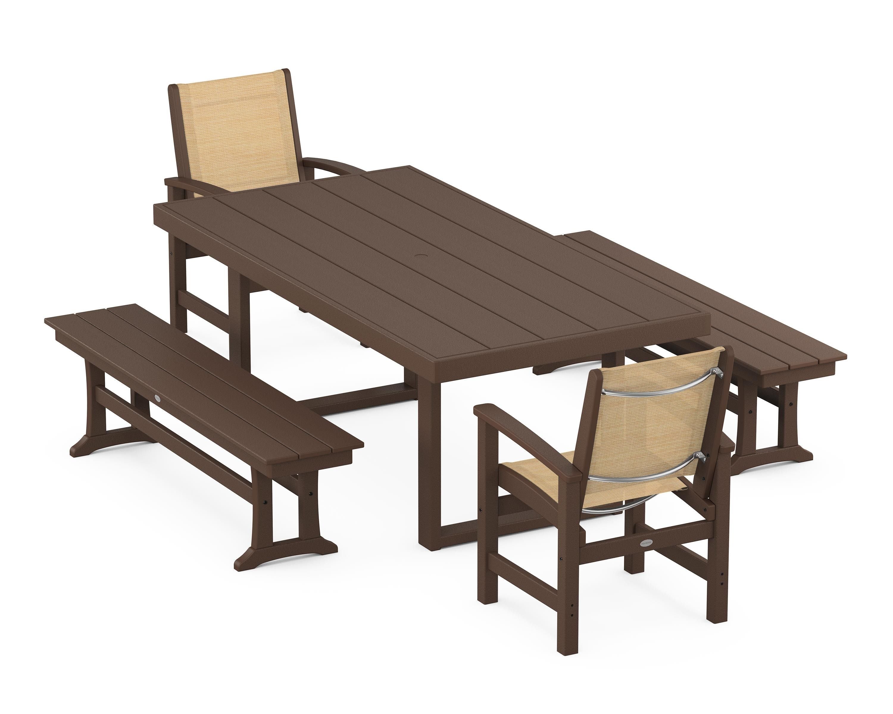 POLYWOOD® Coastal 5-Piece Dining Set with Trestle Legs in Mahogany / Dupioni Apricot Sling