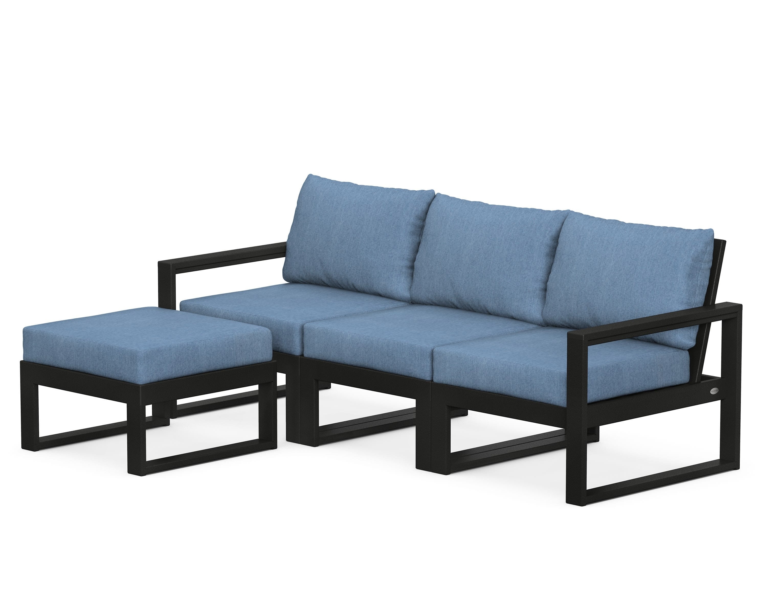 POLYWOOD® EDGE 4-Piece Modular Deep Seating Set with Ottoman in Black / Sky Blue