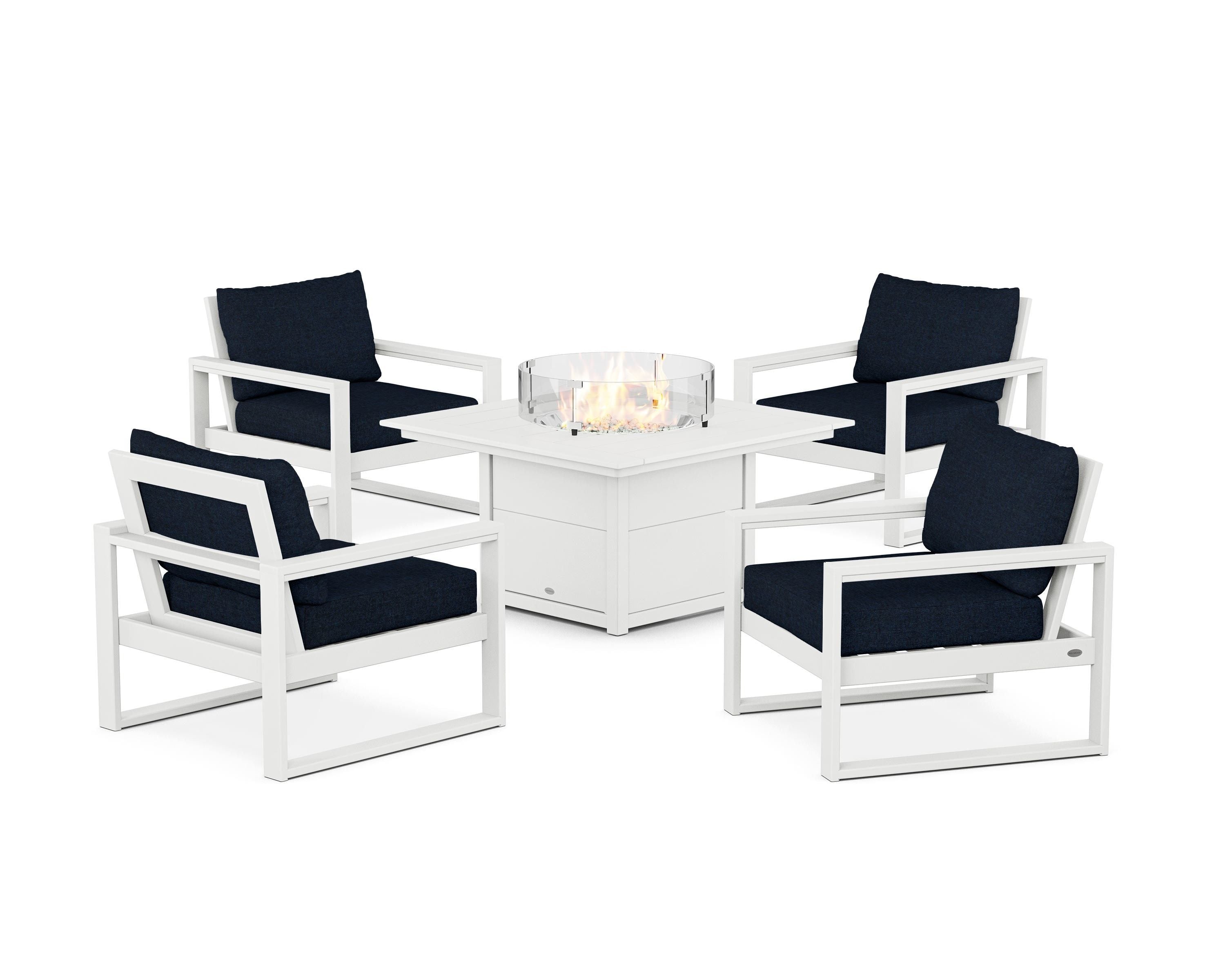 POLYWOOD® EDGE Sectional 5-Piece Deep Seating Set with Fire Pit Table in White / Marine Indigo