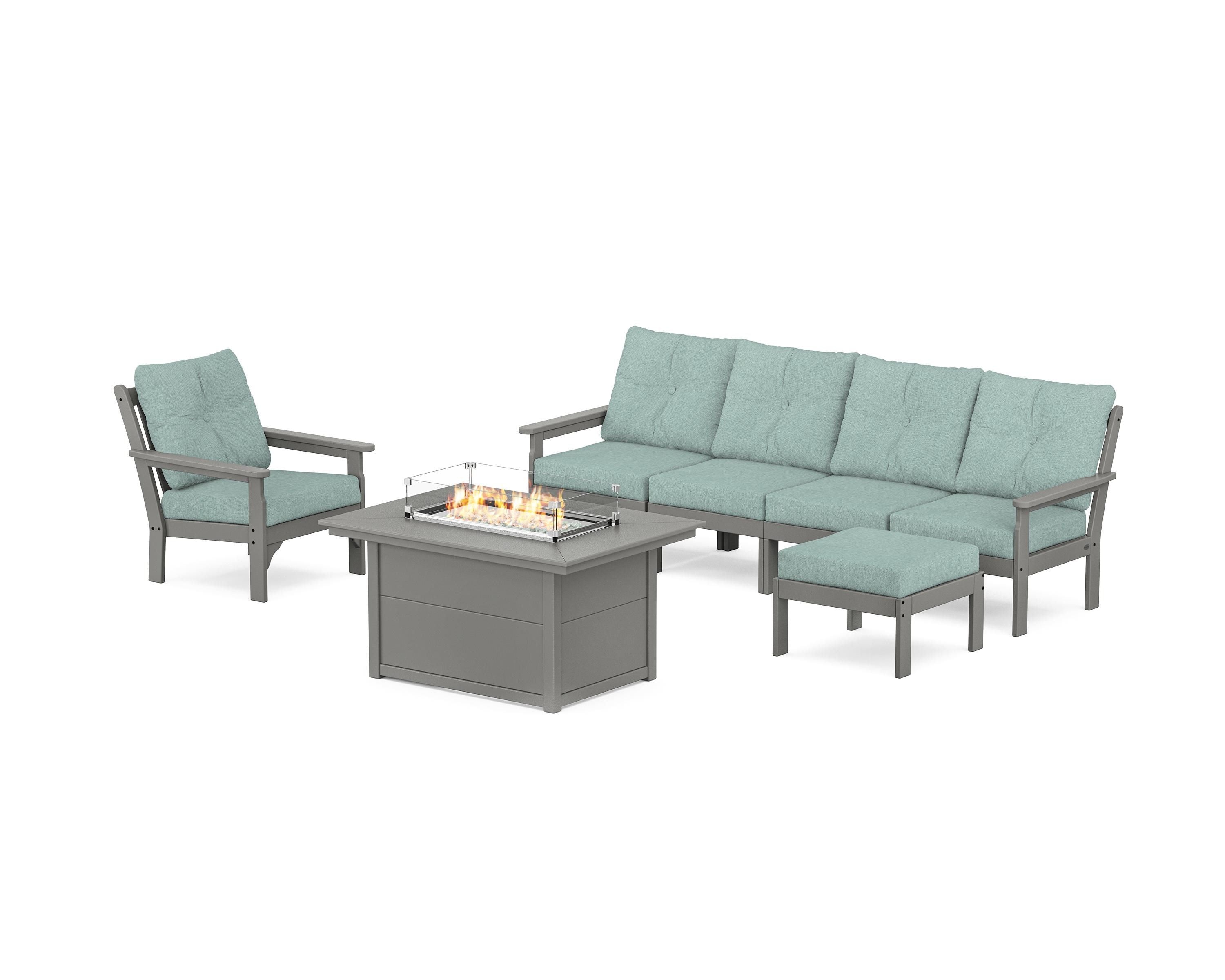 POLYWOOD® Vineyard Sectional Lounge and Fire Pit Set in Slate Grey / Glacier Spa