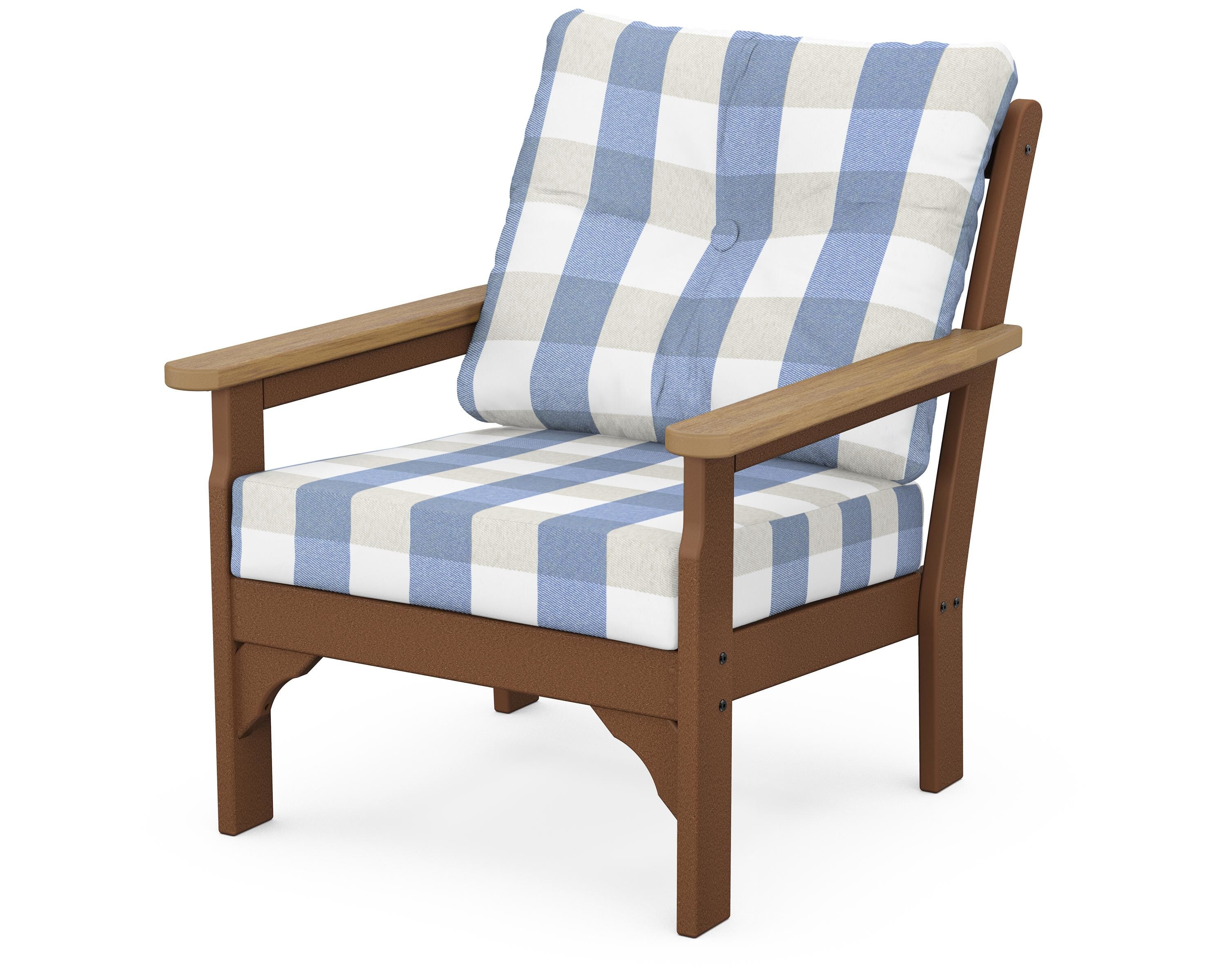 POLYWOOD® Vineyard Deep Seating Chair in Teak / Natural / Buffalo Plaid Sky Blue