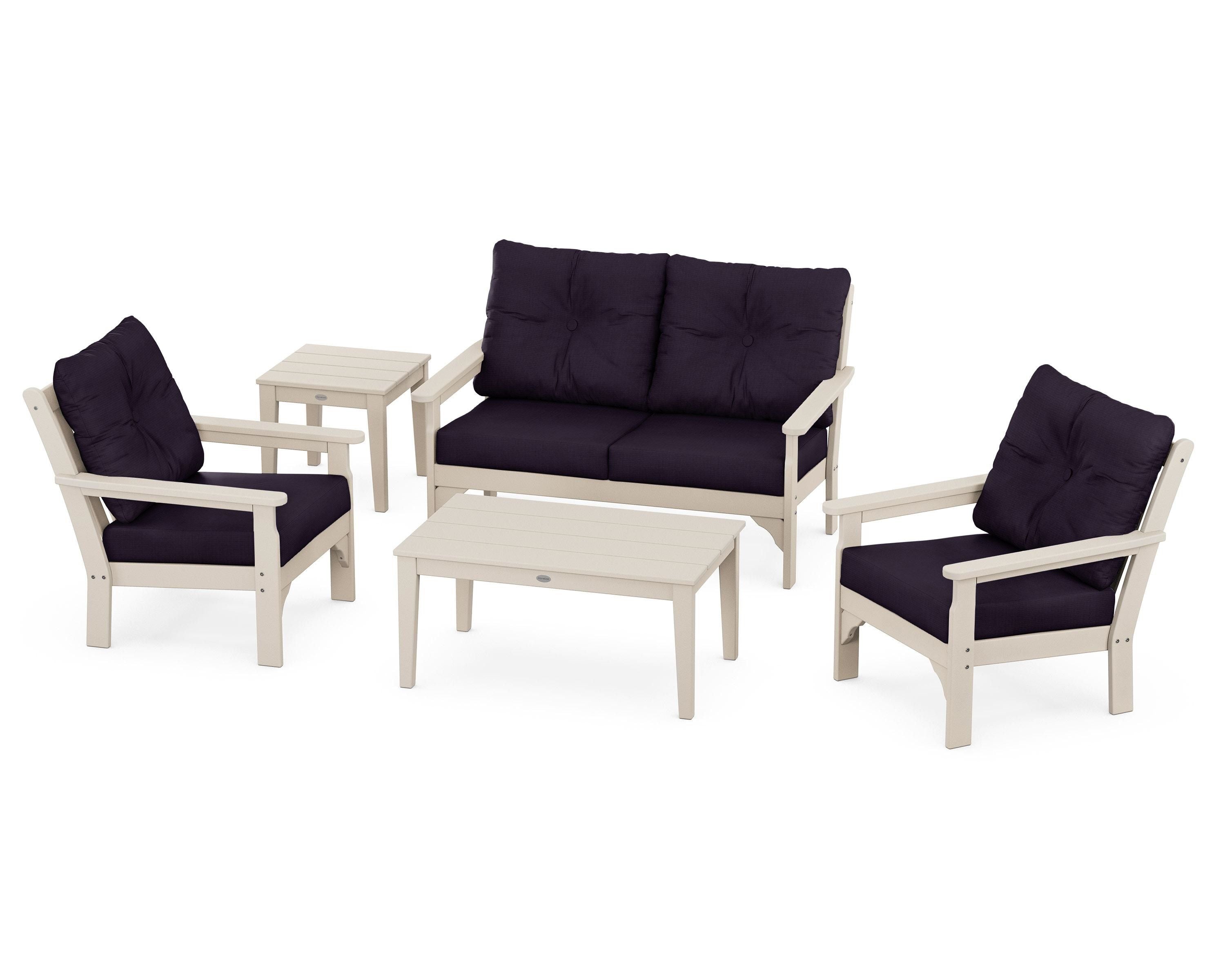POLYWOOD® Vineyard 5-Piece Deep Seating Set in Sand / Navy Linen