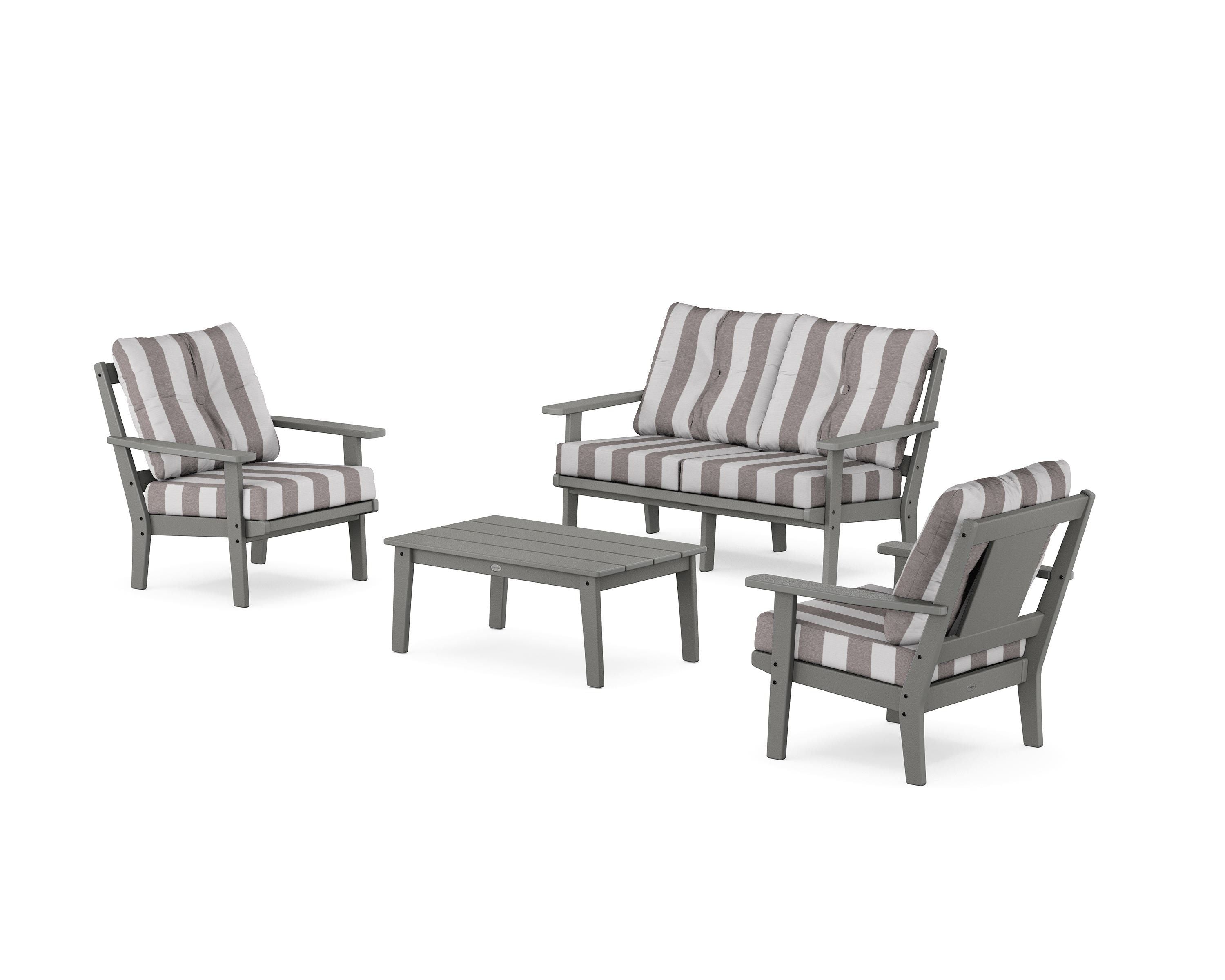 POLYWOOD® Prairie 4-Piece Deep Seating Set with Loveseat in Slate Grey / Cabana Stripe Grey Mist