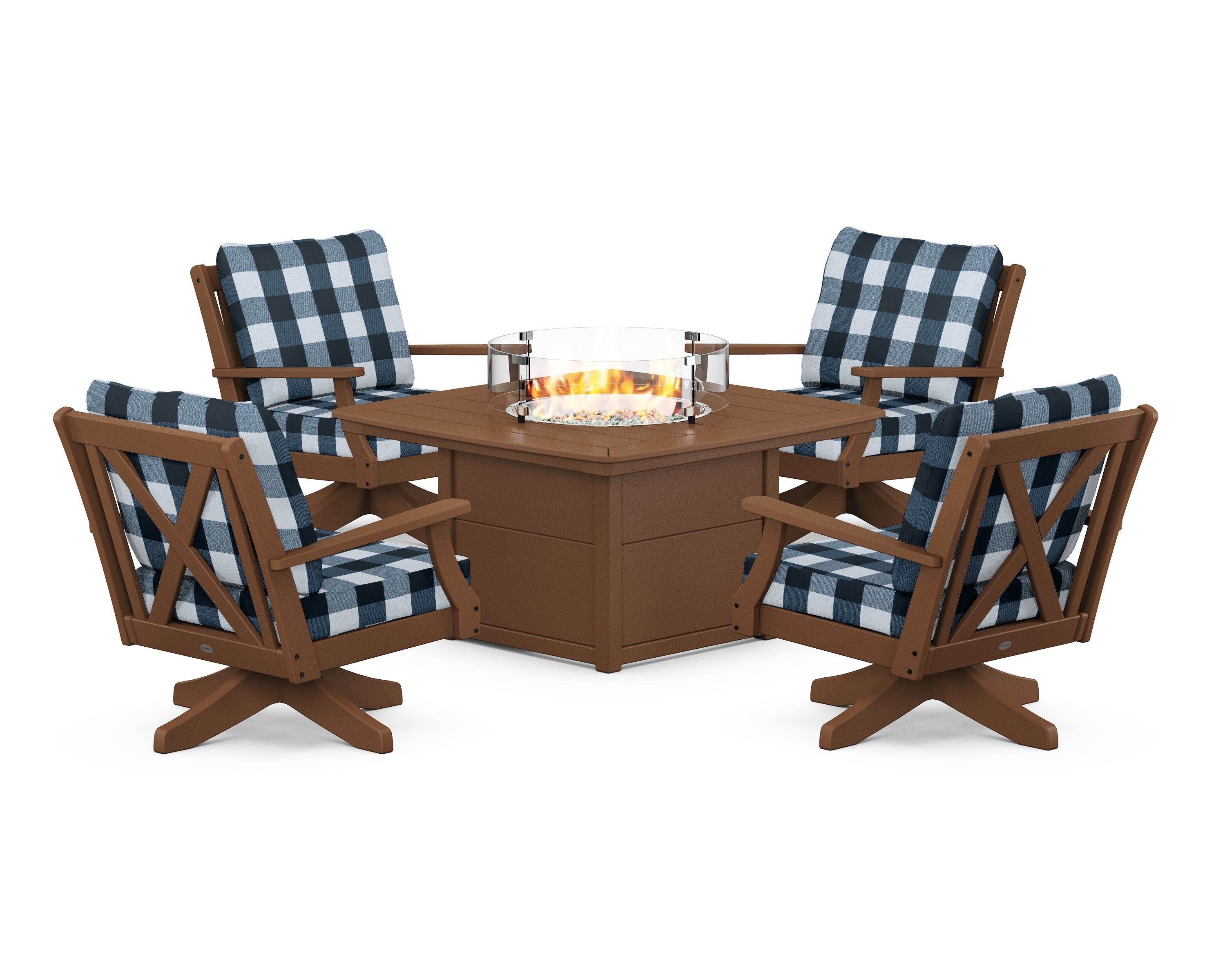 POLYWOOD® Braxton 5-Piece Deep Seating Swivel Conversation Set with Fire Pit Table in Teak / Buffalo Plaid Marine Indigo