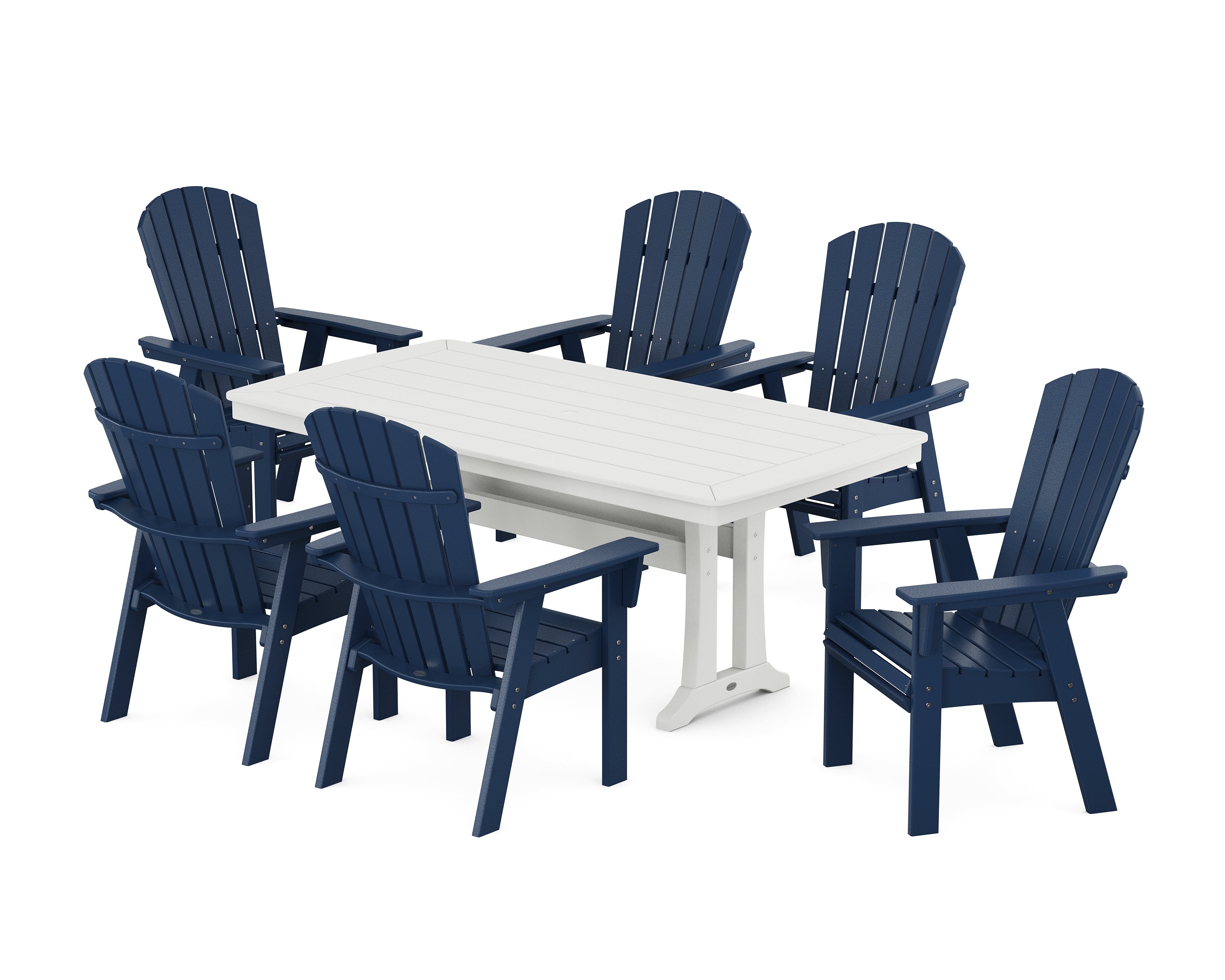 POLYWOOD® Nautical Curveback Adirondack 7-Piece Dining Set with Trestle Legs in Navy / White