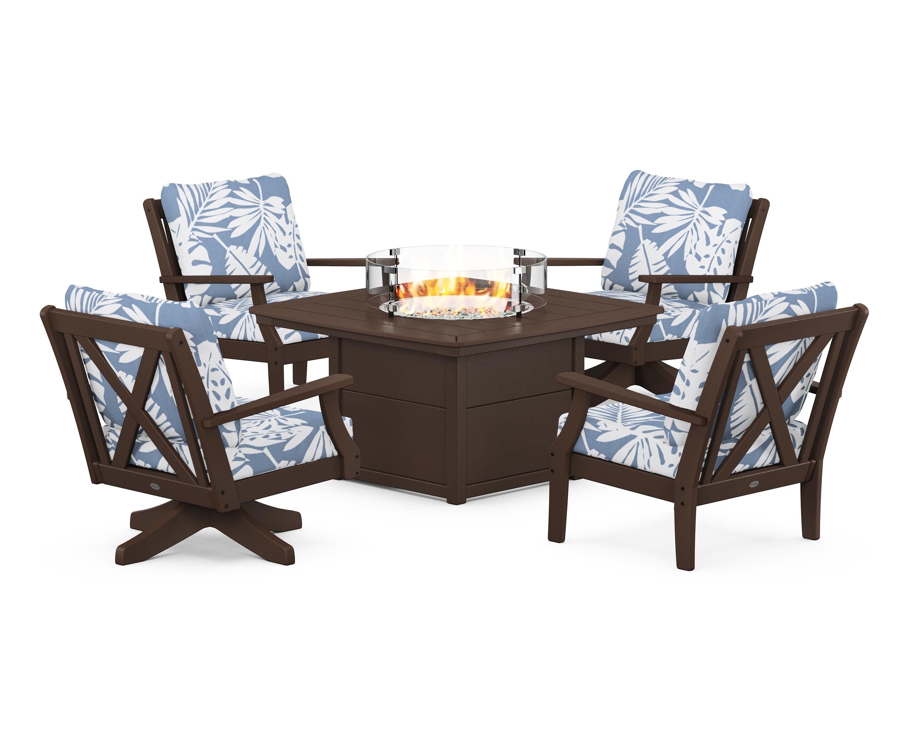 POLYWOOD® Braxton 5-Piece Deep Seating Set with Fire Table in Mahogany / Leaf Sky Blue