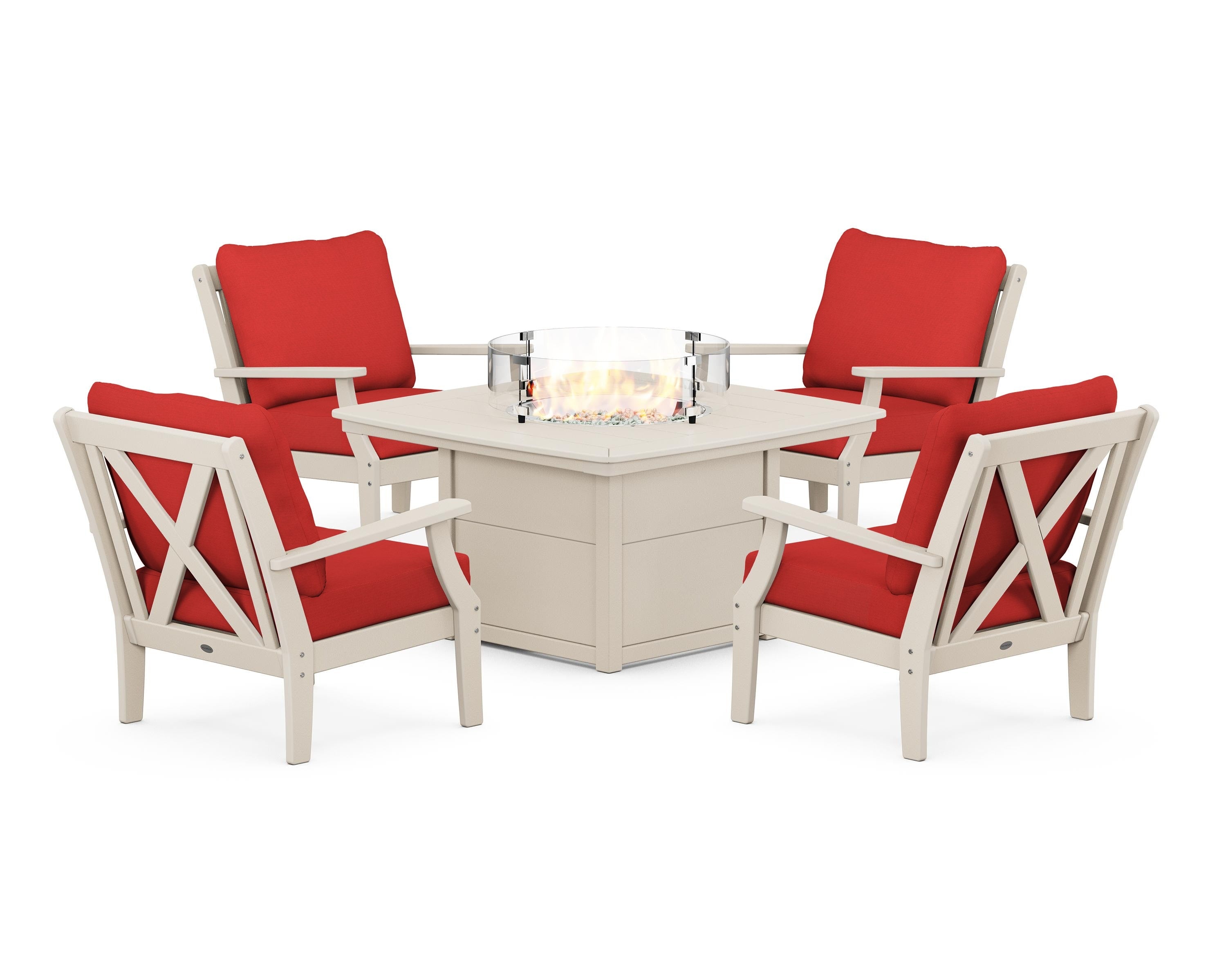 POLYWOOD® Braxton 5-Piece Deep Seating Conversation Set with Fire Pit Table in Sand / Crimson Linen