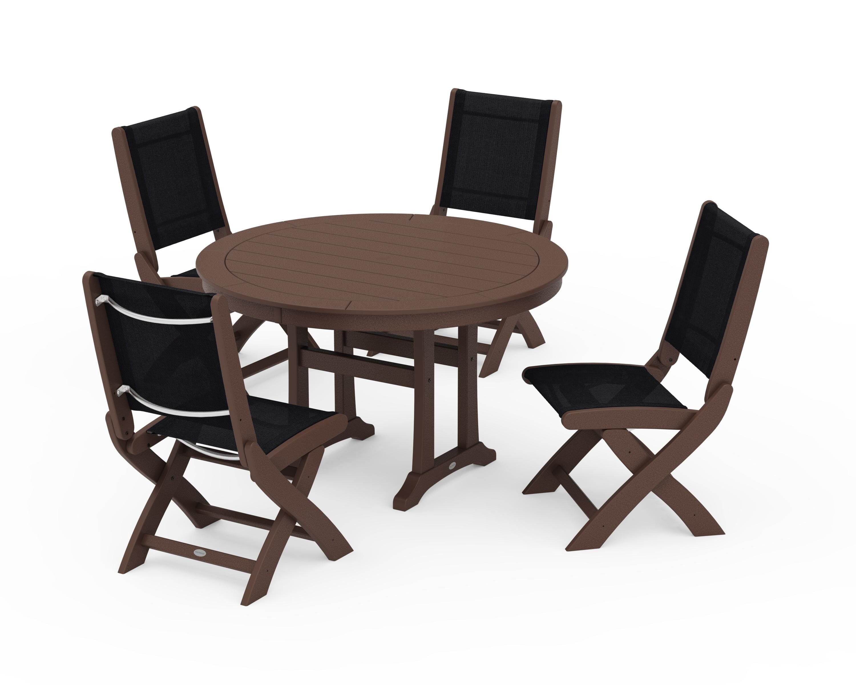 POLYWOOD® Coastal Folding Side Chair 5-Piece Round Dining Set With Trestle Legs in Mahogany / Black Sling