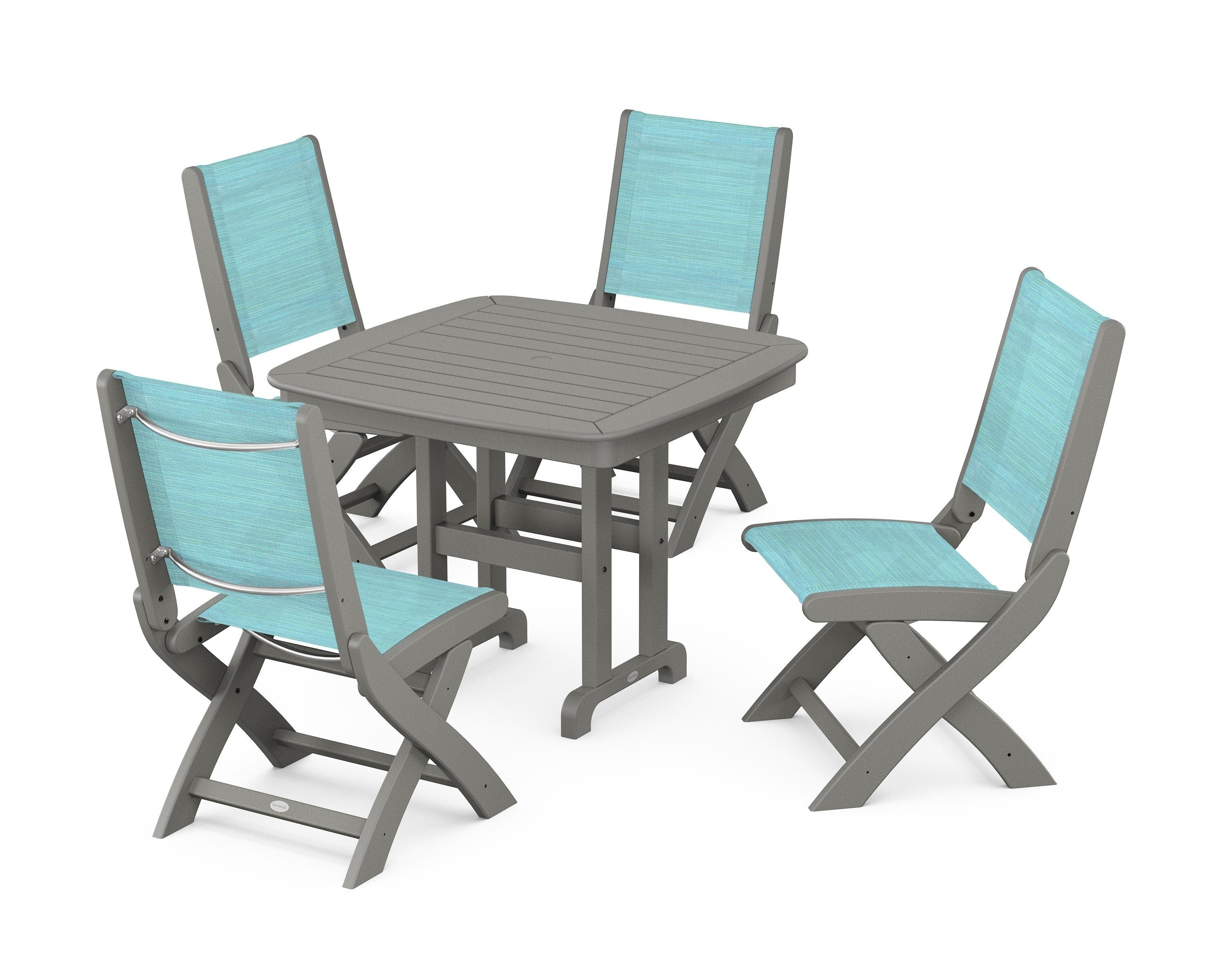 POLYWOOD® Coastal Folding Side Chair 5-Piece Dining Set in Slate Grey / Dupioni Aquamarine Sling