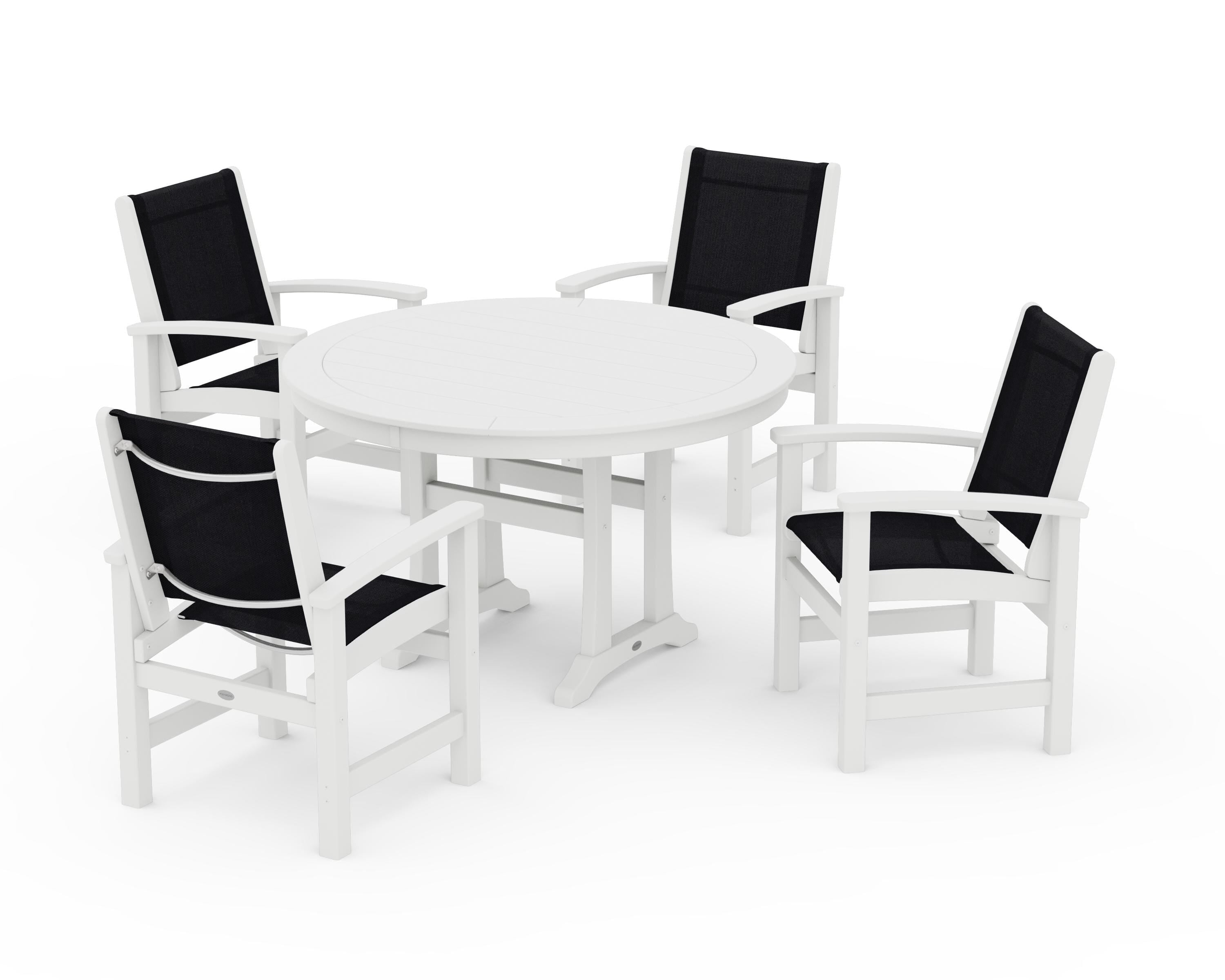 POLYWOOD® Coastal 5-Piece Round Dining Set with Trestle Legs in White / Black Sling