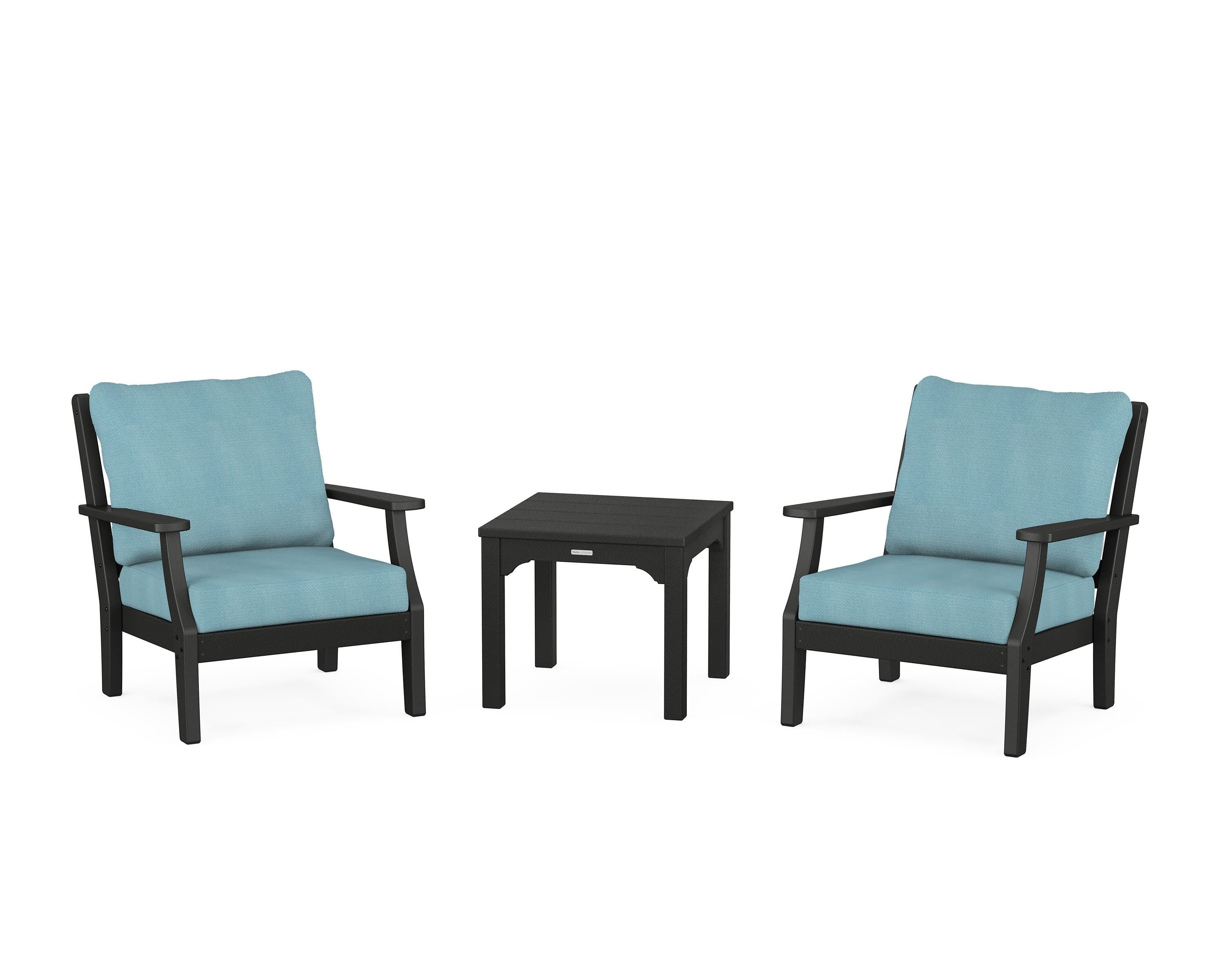 Martha Stewart by POLYWOOD® Chinoiserie 3-Piece Deep Seating Set in Black / Lattice Sky Blue