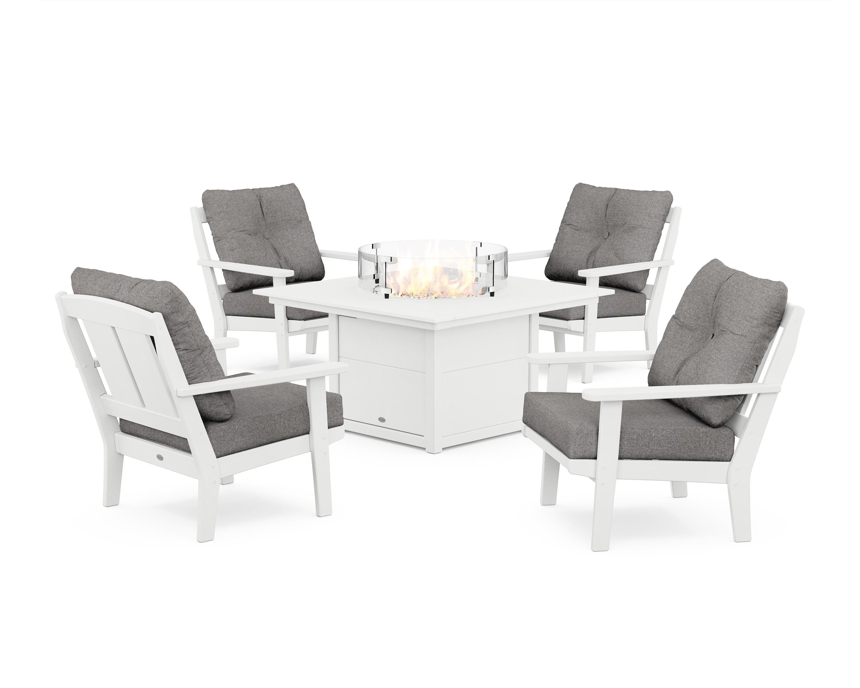 POLYWOOD® Mission 5-Piece Deep Seating Set with Fire Pit Table in White / Grey Mist