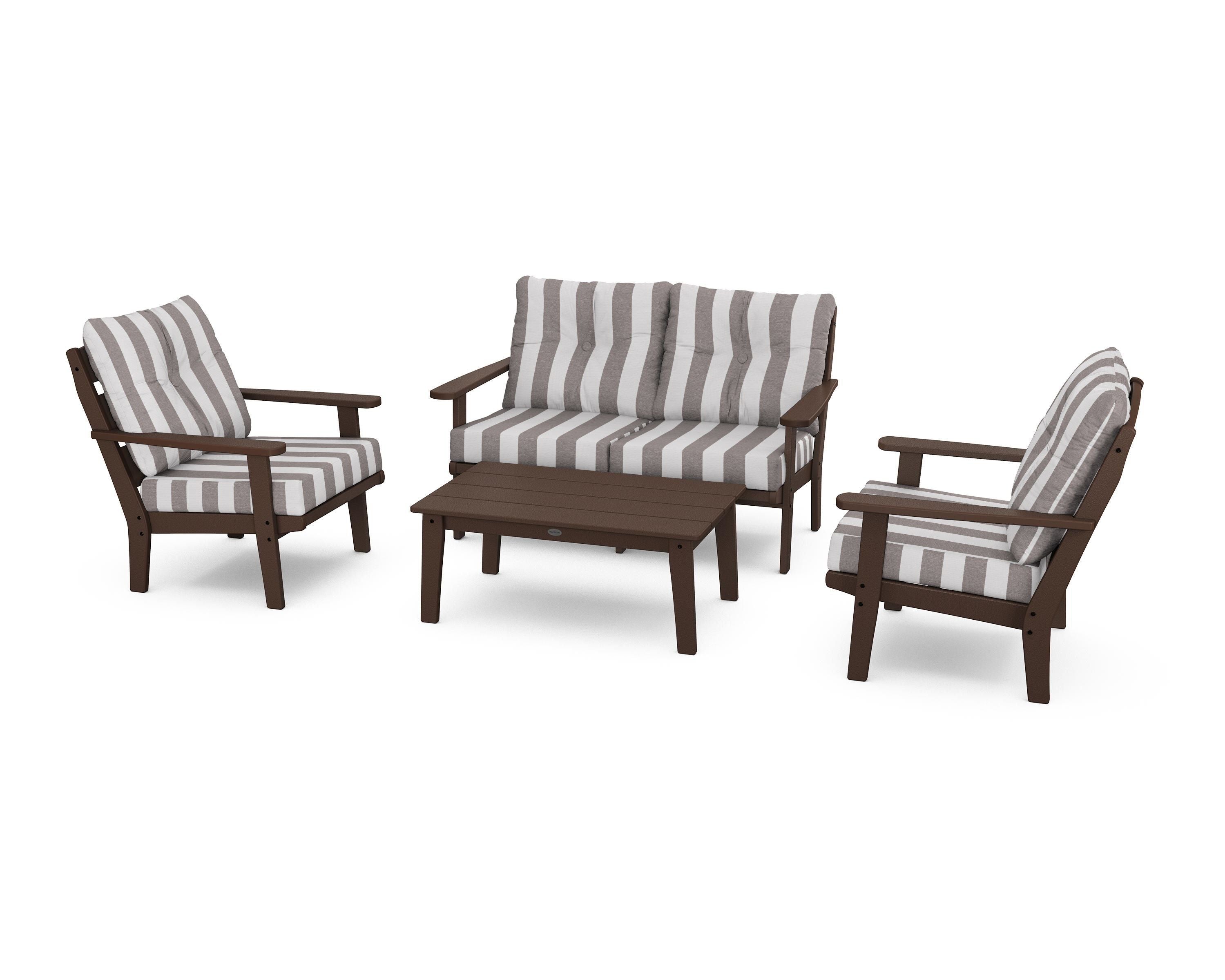 POLYWOOD® Lakeside 4-Piece Deep Seating Set in Mahogany / Cabana Stripe Grey Mist