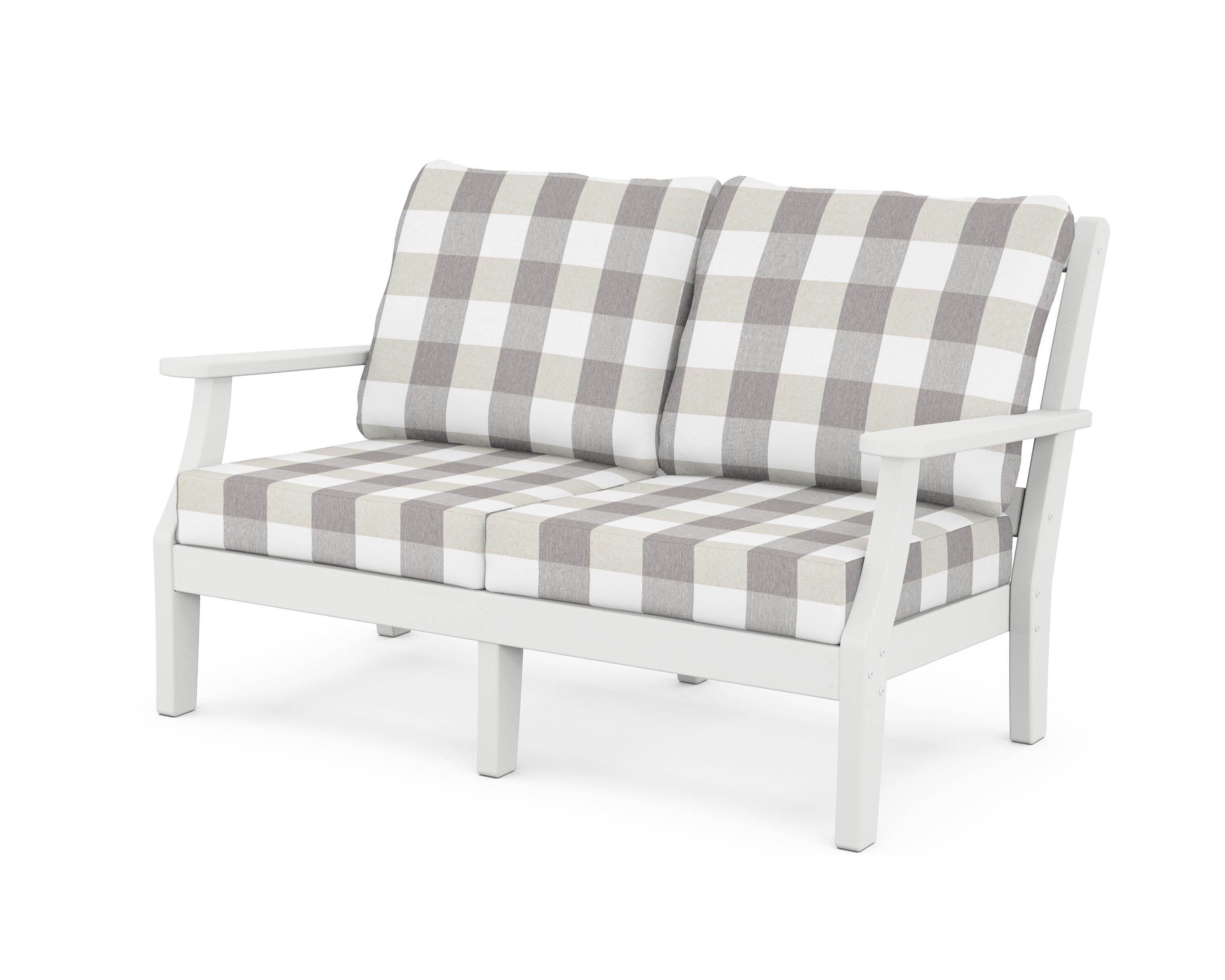 Martha Stewart by POLYWOOD® Chinoiserie Deep Seating Loveseat in White / Buffalo Plaid Grey Mist