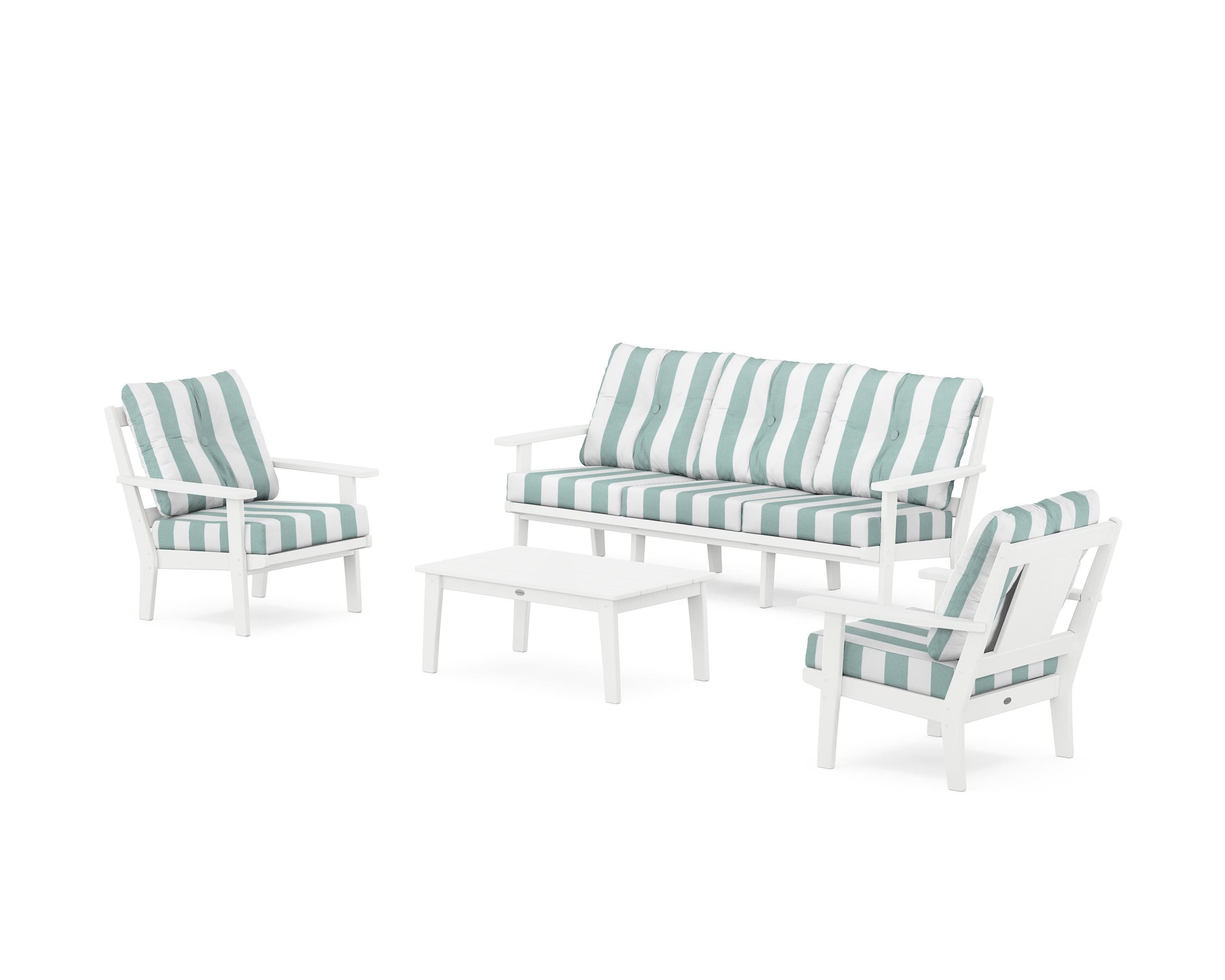 POLYWOOD® Prairie 4-Piece Deep Seating Set with Sofa in White / Cabana Stripe Glacier Spa