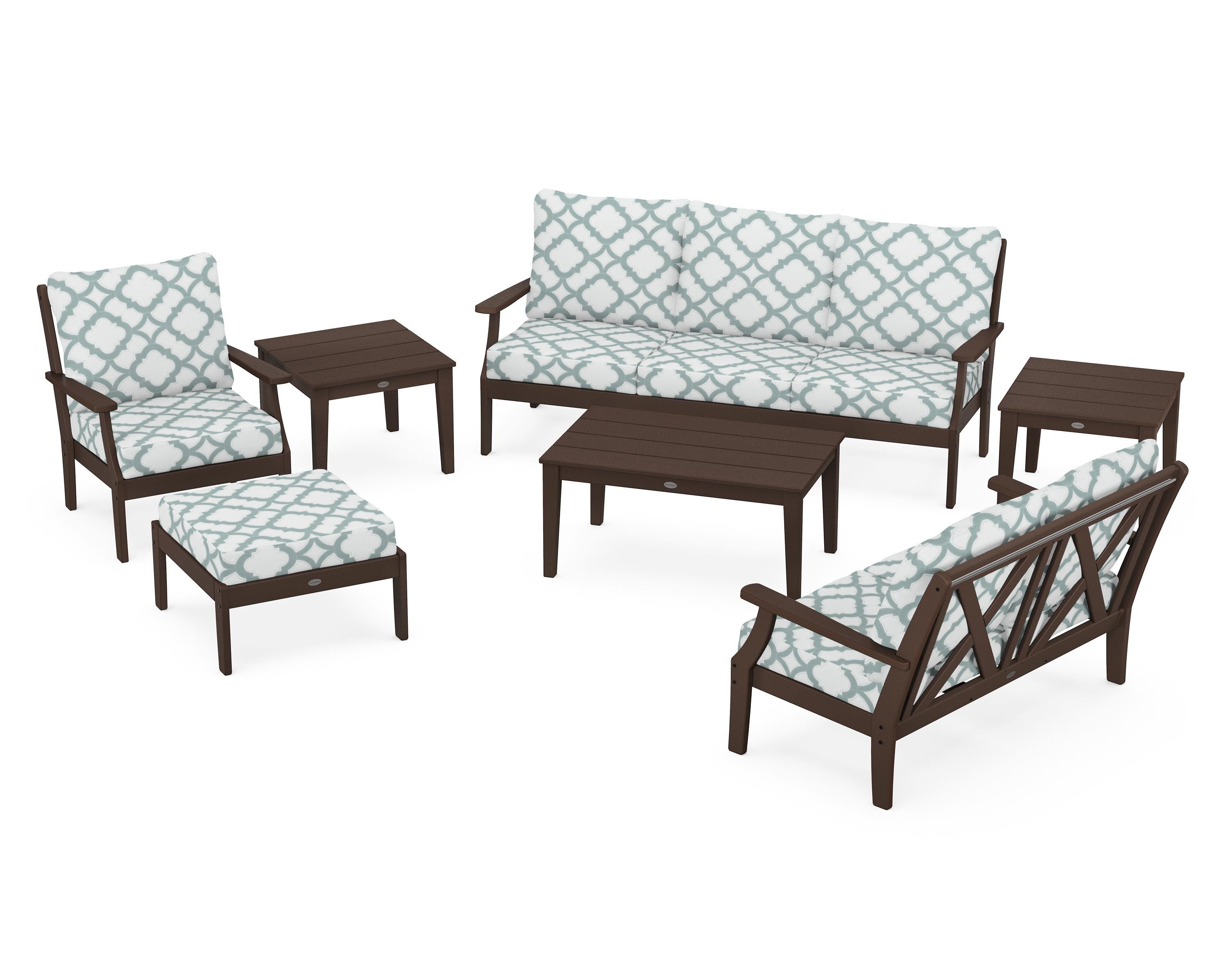 POLYWOOD® Braxton 7-Piece Deep Seating Set in Mahogany / Trellis Glacier Spa