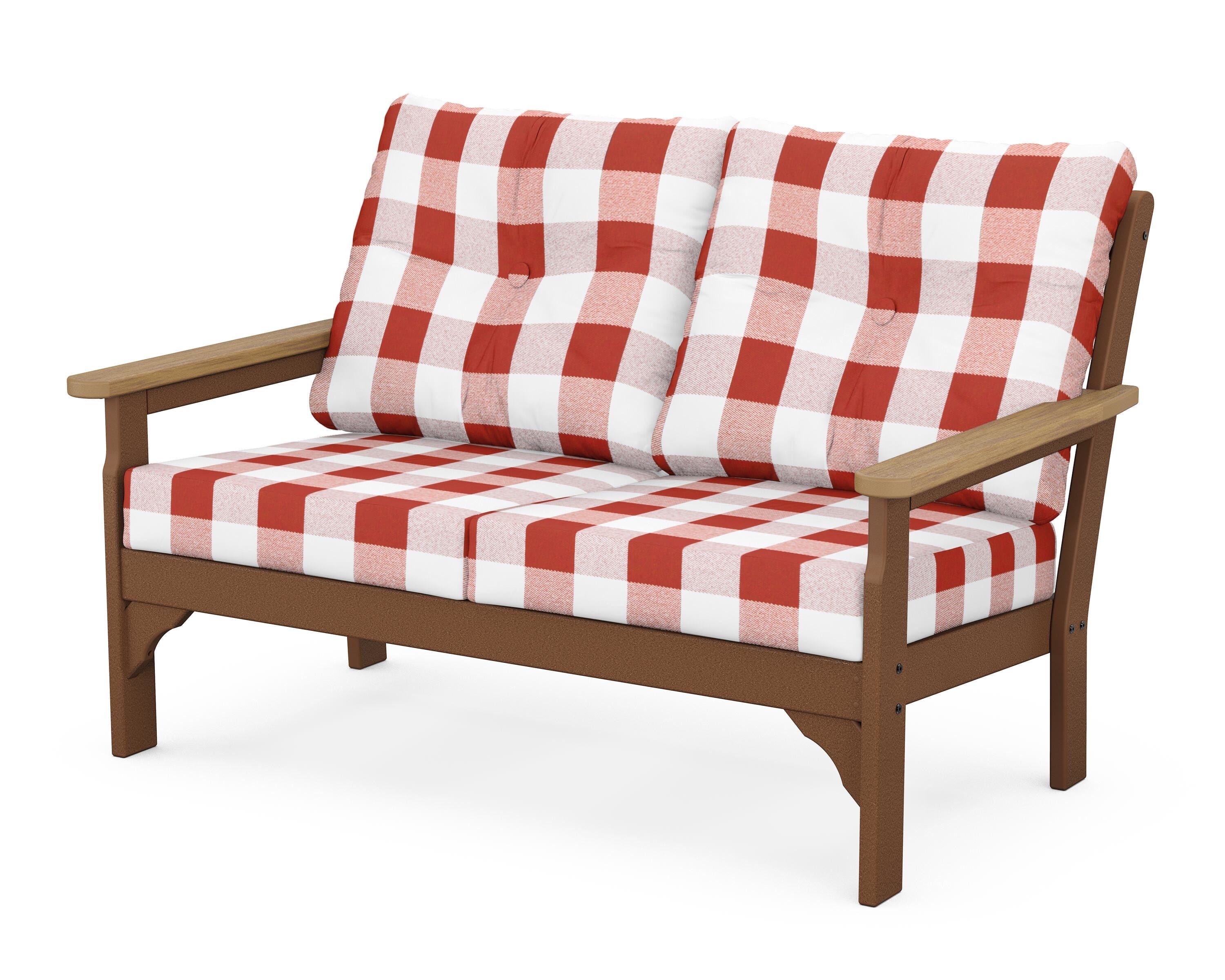 POLYWOOD® Vineyard Deep Seating Loveseat in Teak / Natural / Buffalo Plaid Crimson