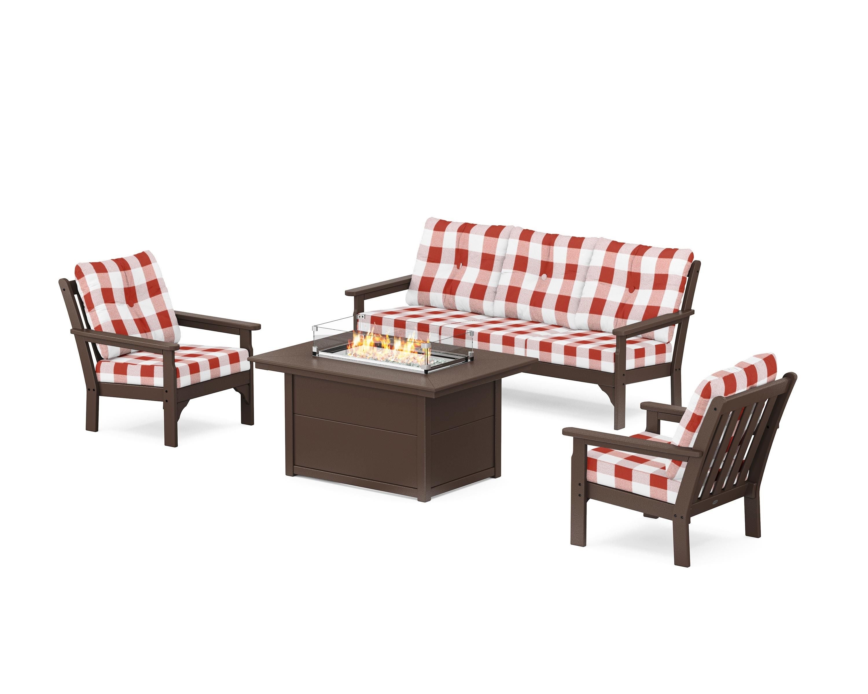 POLYWOOD® Vineyard Deep Seating Fire Pit Table Set in Mahogany / Buffalo Plaid Crimson