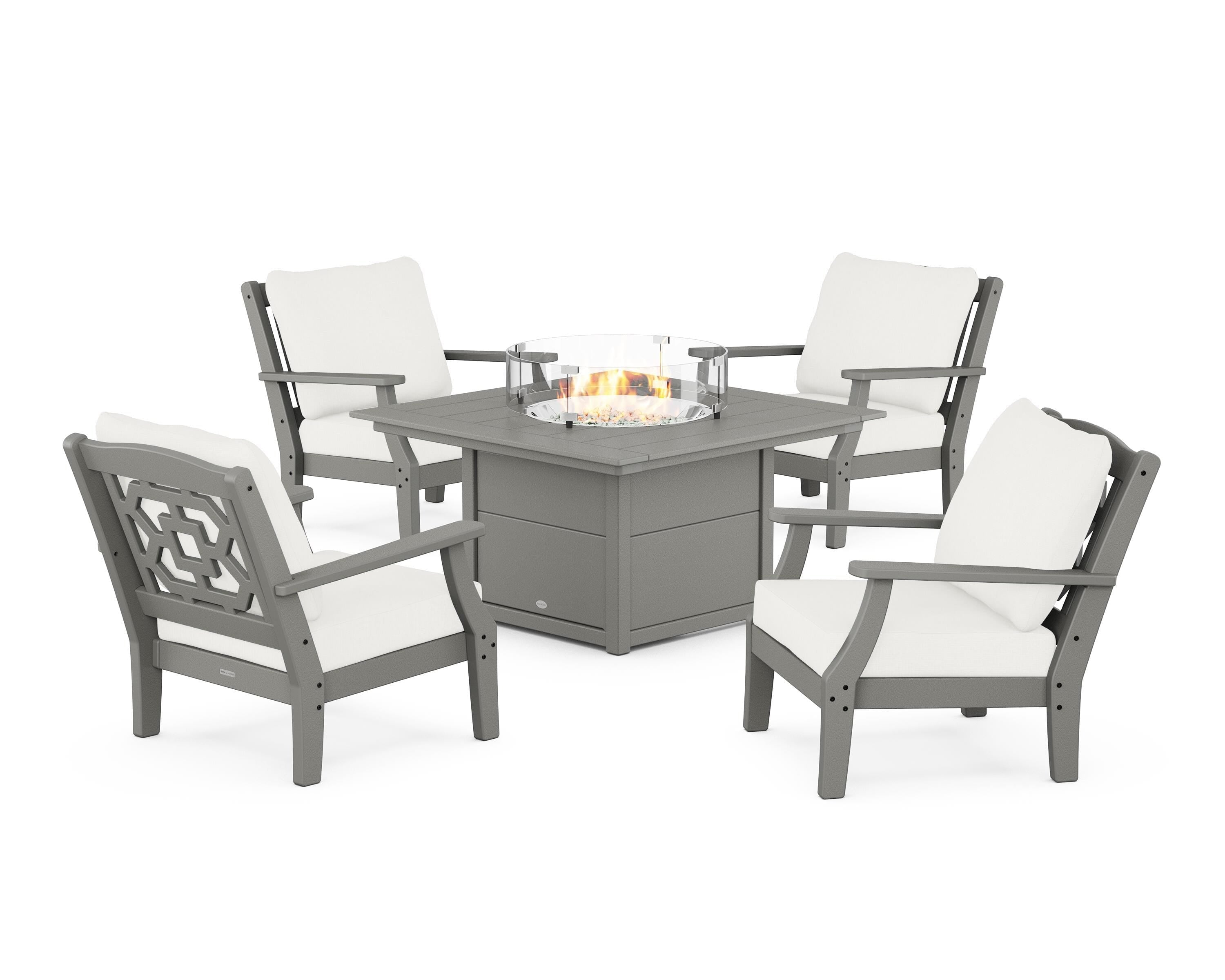 Martha Stewart by POLYWOOD® Chinoiserie 5-Piece Deep Seating Set with Fire Pit Table in Slate Grey / Natural Linen